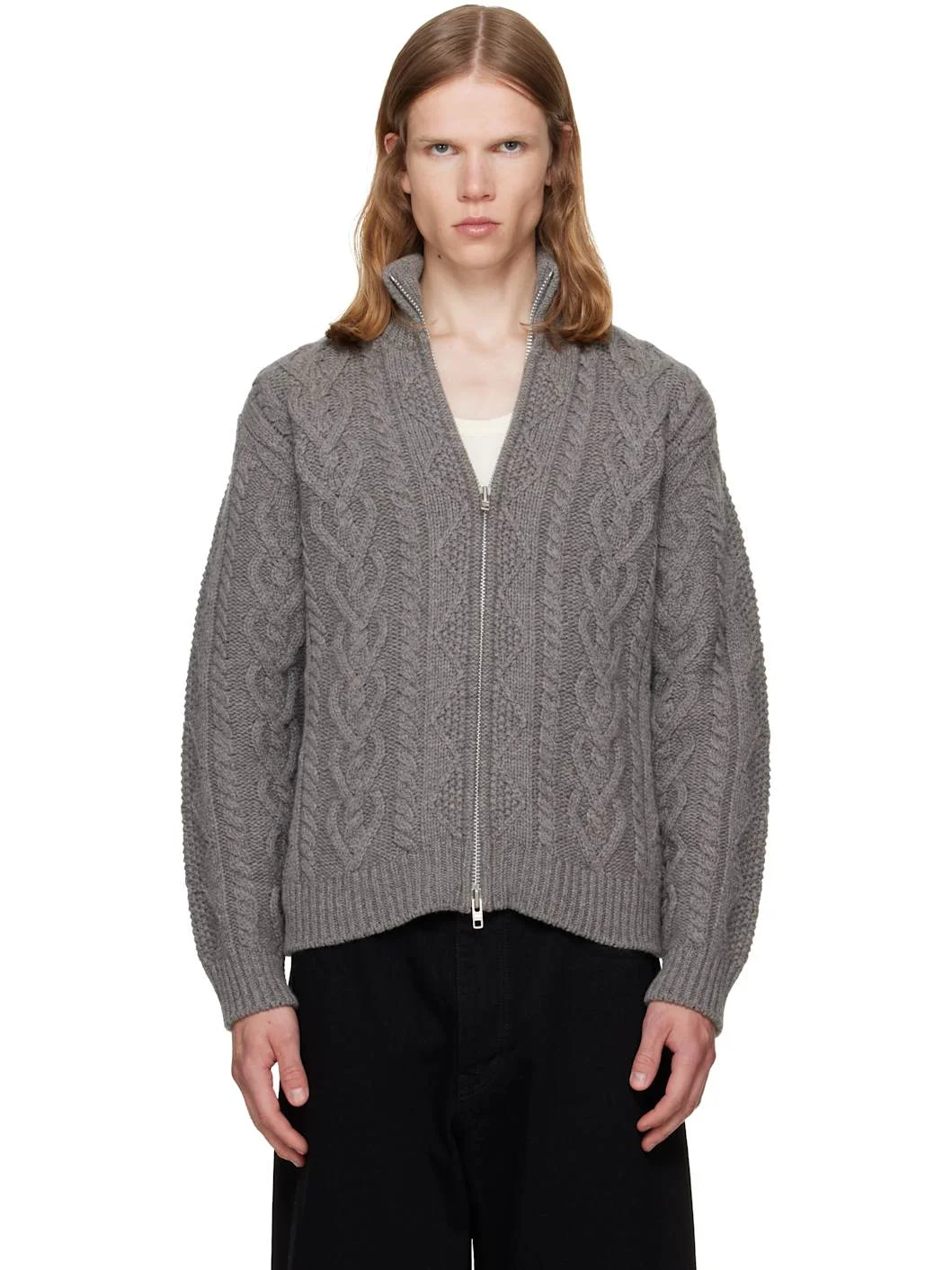 Gray Cable Knit Zip-Up Cardigan - 1