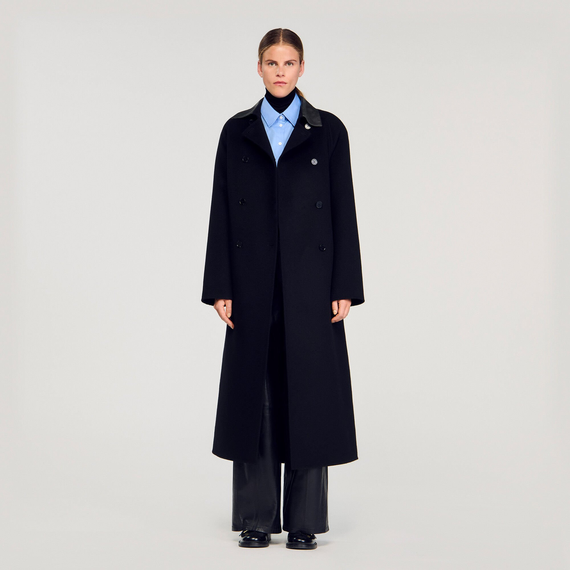 LONG WOOL AND LEATHER COAT - 2