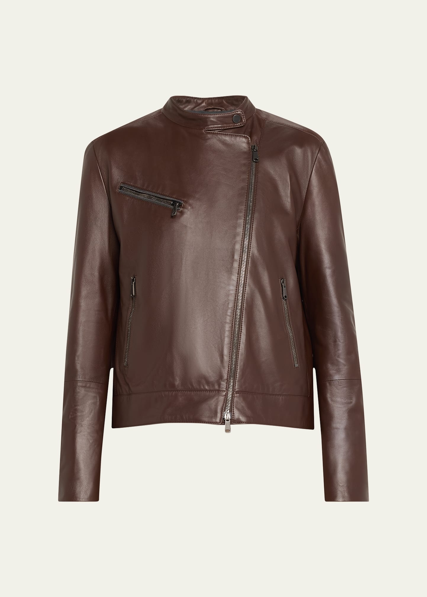 Smooth Glove Leather Biker Jacket With Monili Zip Pocket - 1