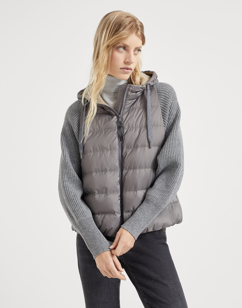 Water-resistant matte nylon hooded down jacket with monili and sleeves in virgin wool, cashmere and 1