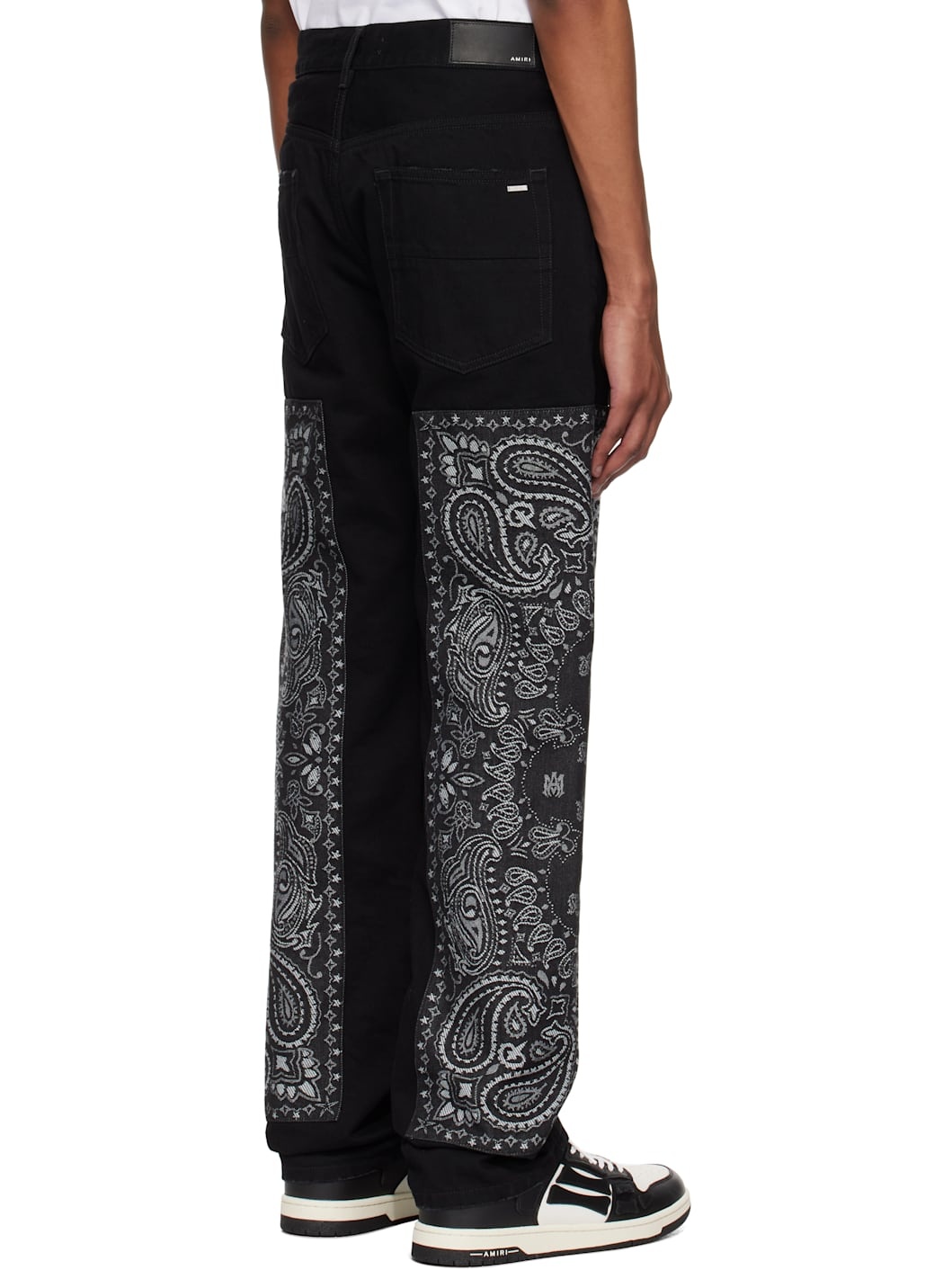 Black Bandana Jacquard Paneled Straight Jeans - 3