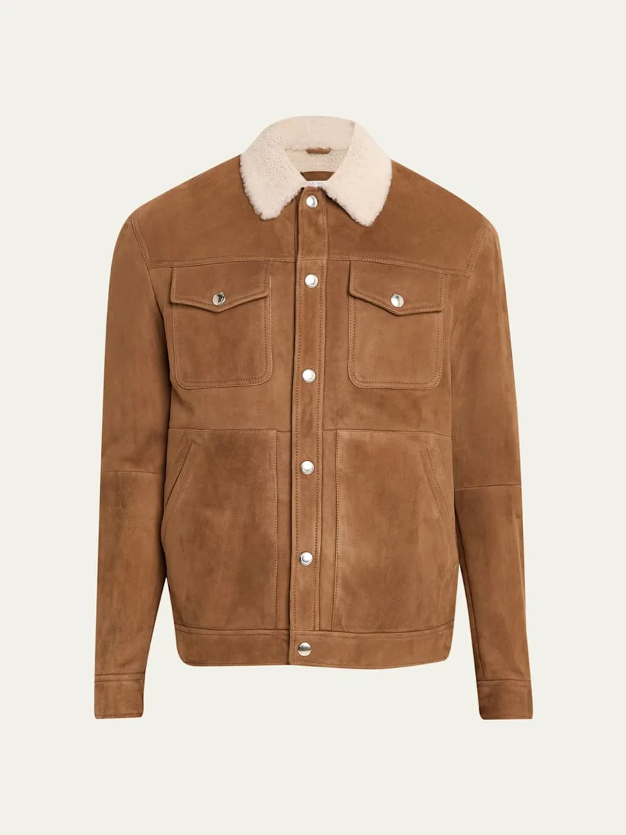 Men's Shearling-Collar Suede Snap Front Jacket - 1