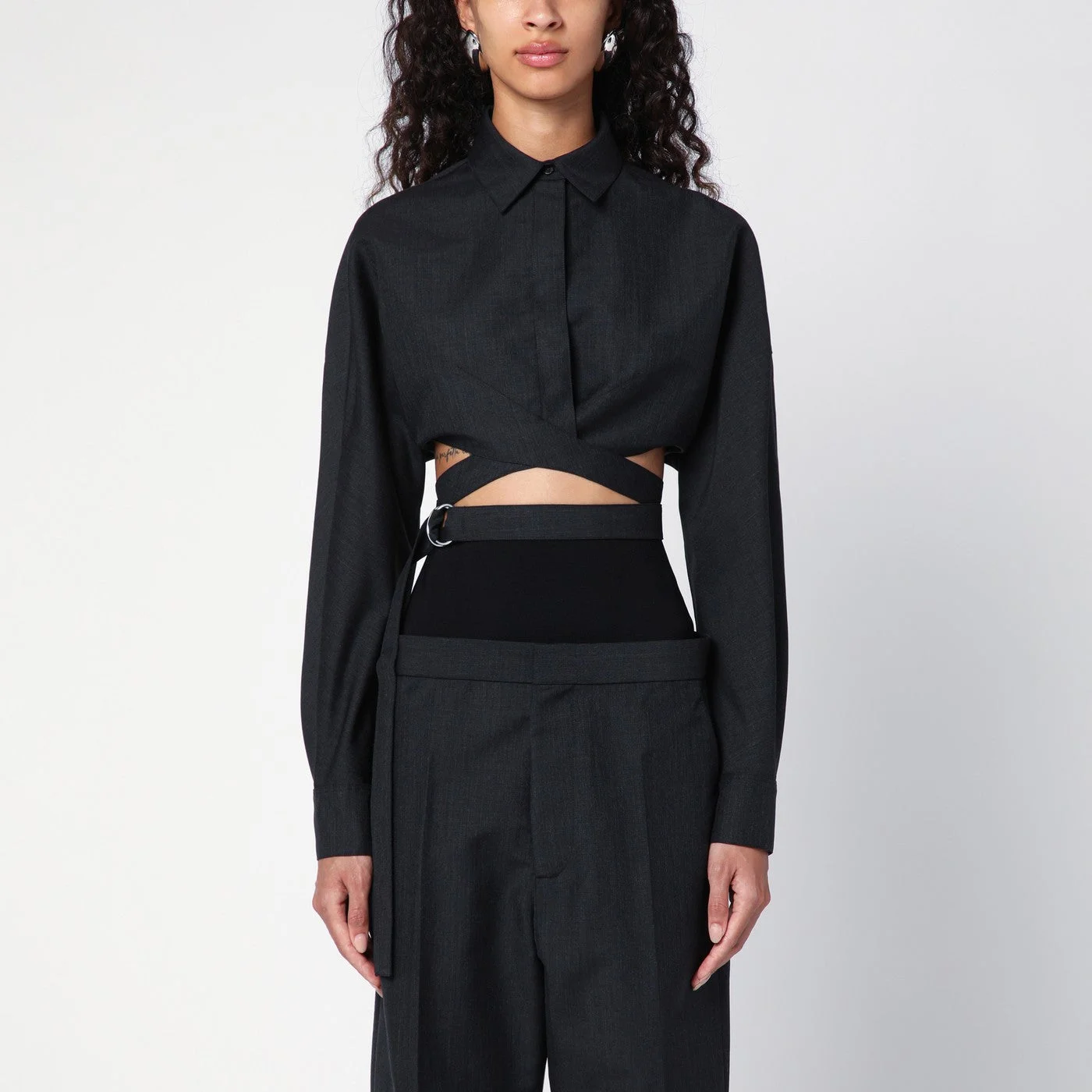 Dark grey cotton crossover shirt - 1