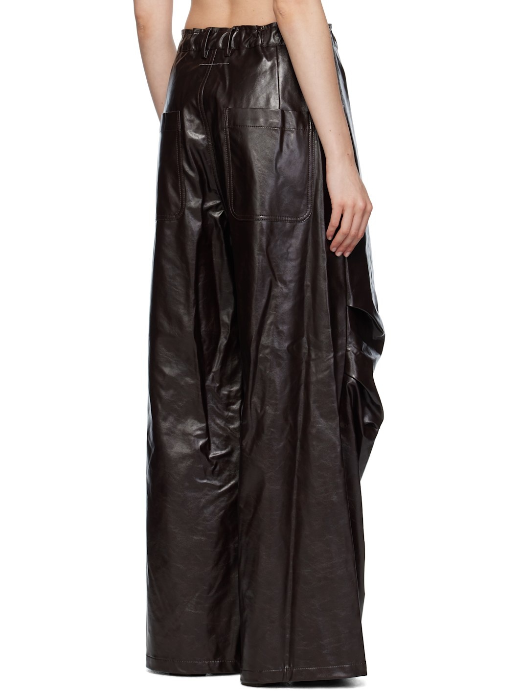 Burgundy Draped Faux-Leather Trousers - 3