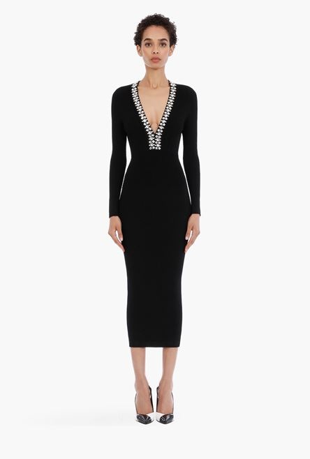 Mid-length black knit dress with silver embroidery - 4