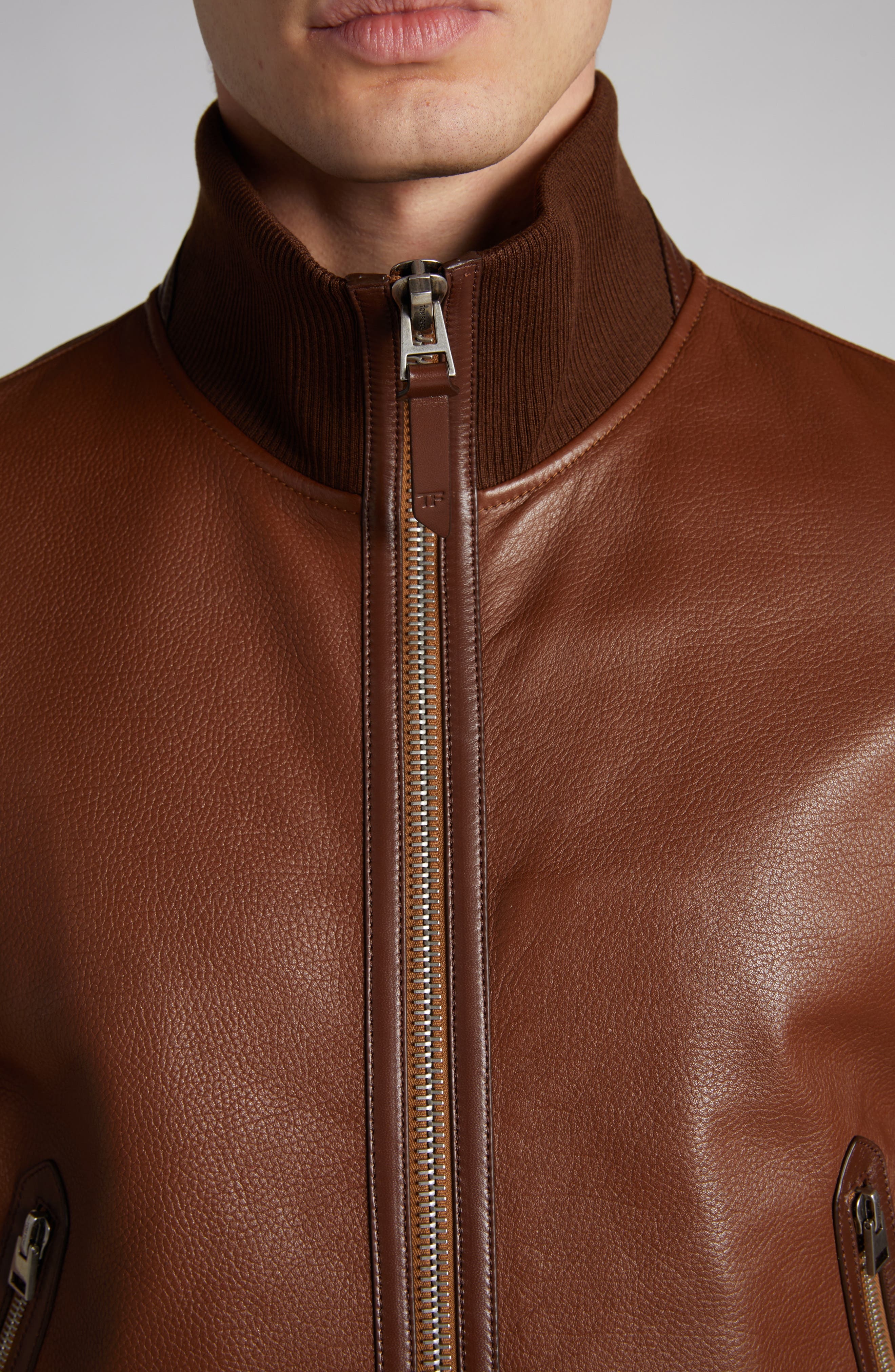 Tumbled Leather Track Bomber Jacket - 5
