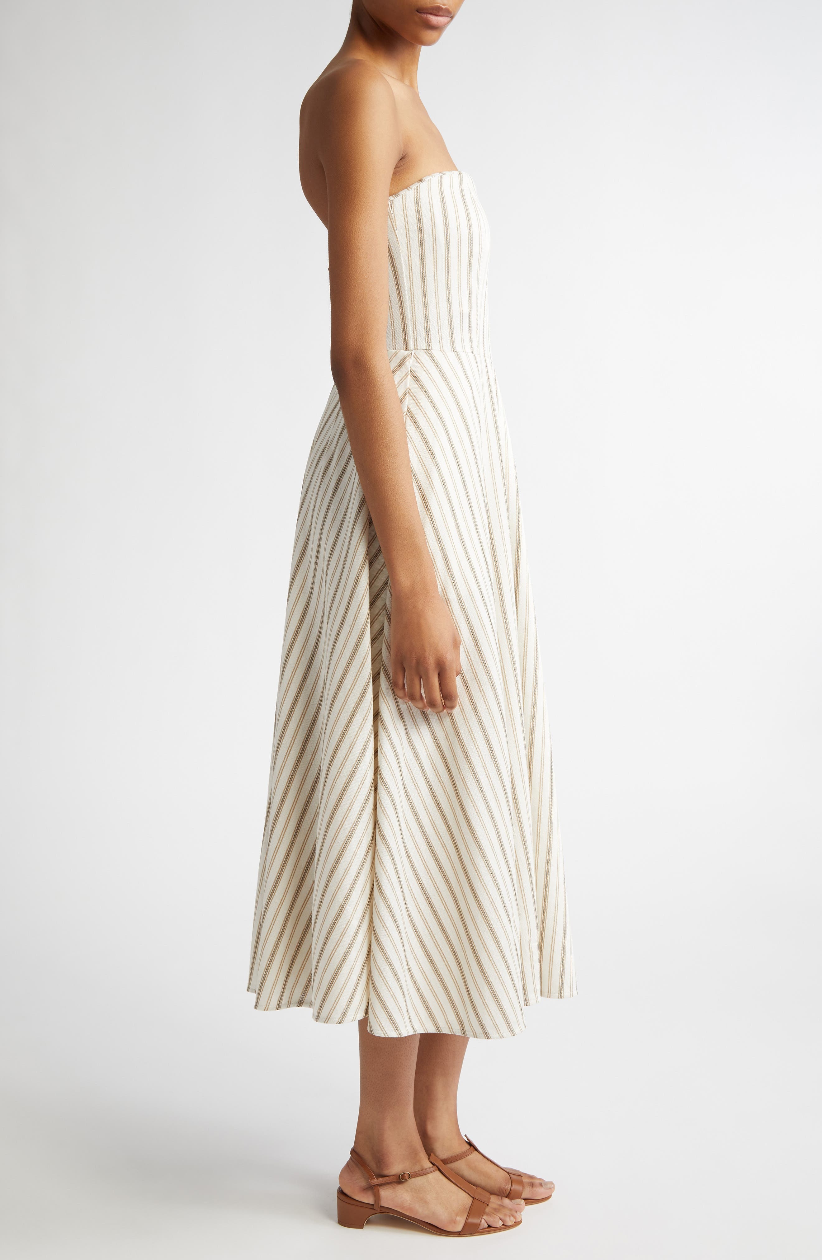 Max Mara Fervida Stripe Bustier Cotton & Linen Midi Dress in Sand at Nordstrom - 4