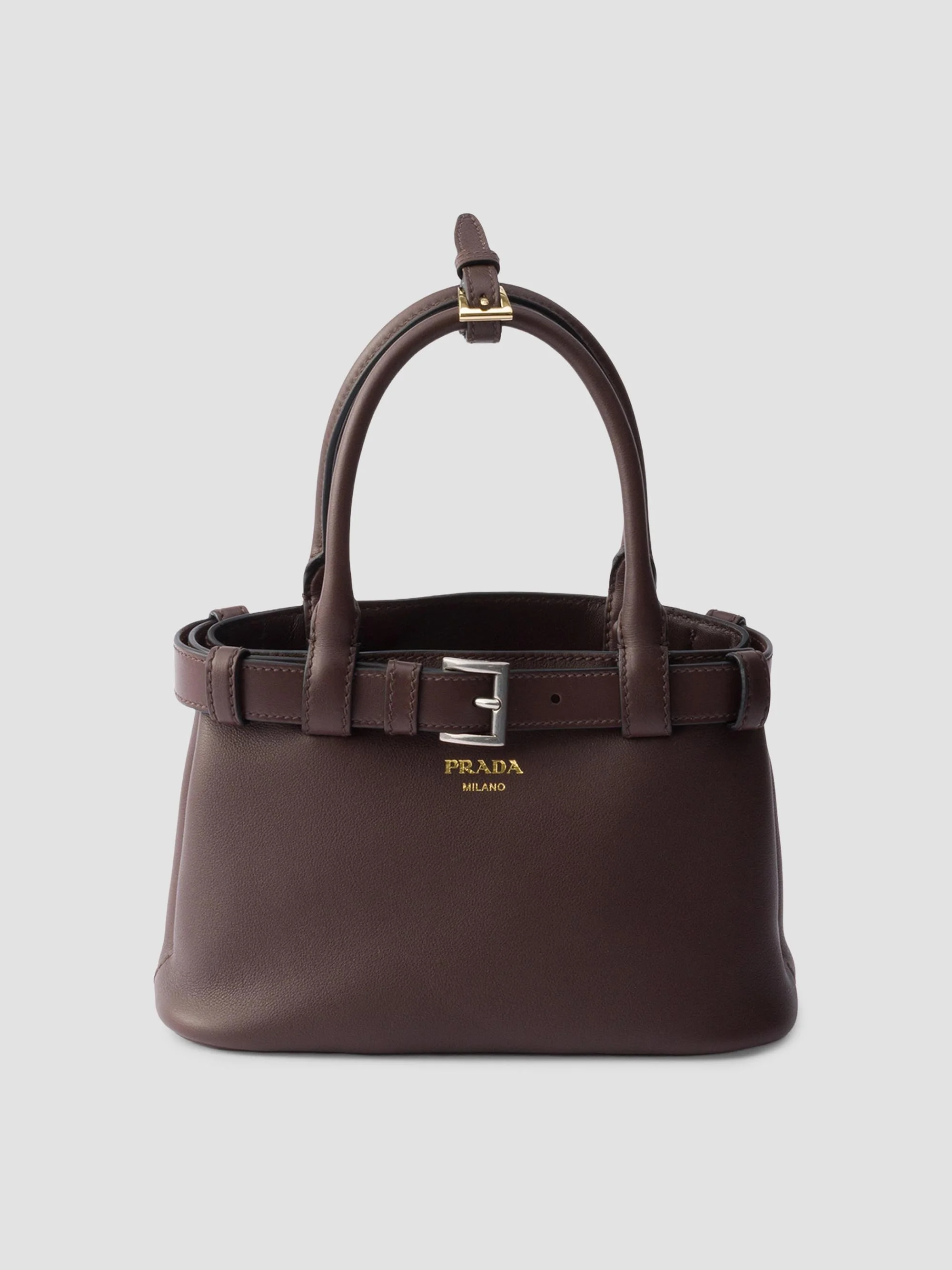 Women's Buckle Small Leather Top Handle Bag with Belt - Brown - 1