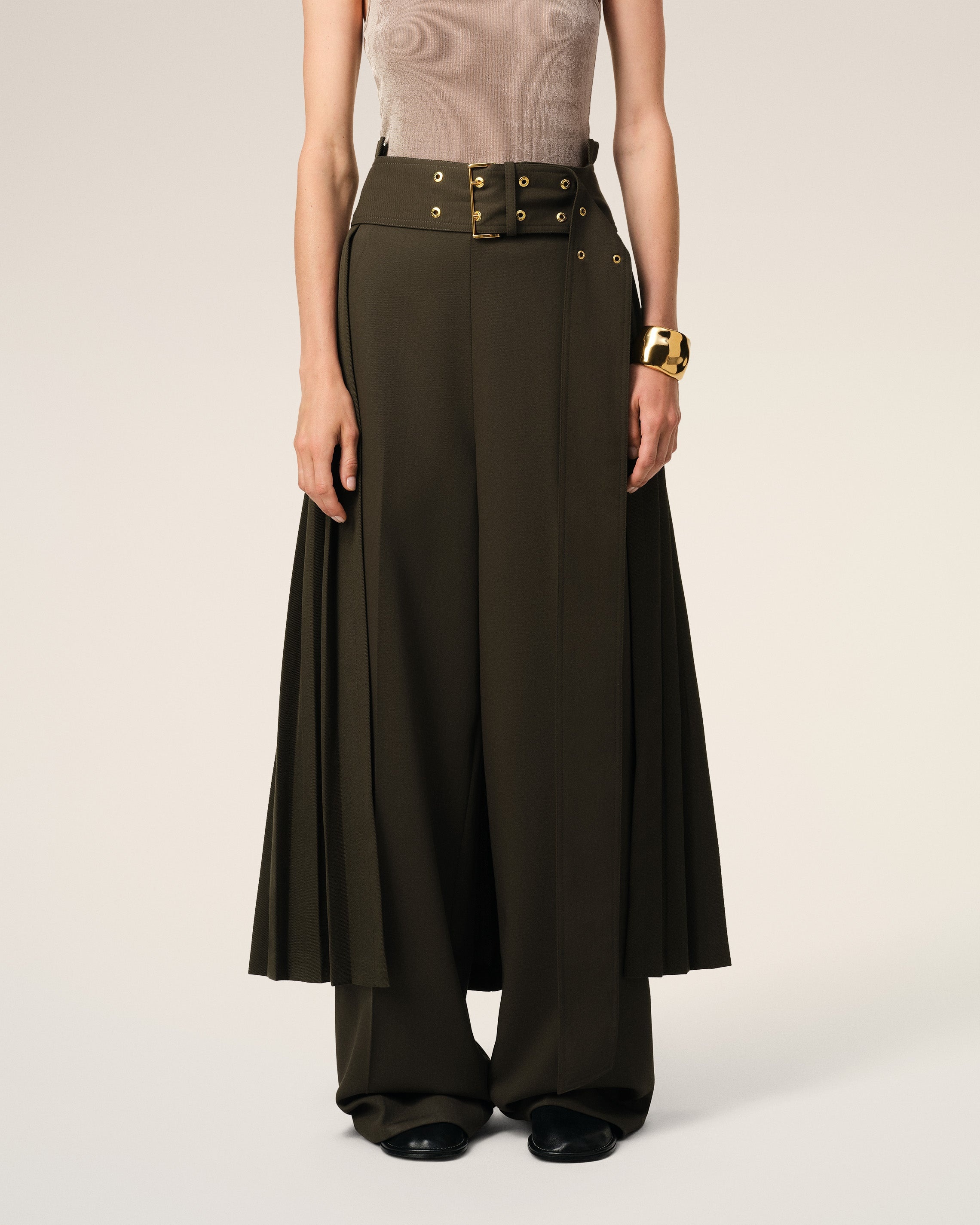 GREEN WOOL TWILL BELTED PLEATED SKIRT - 3