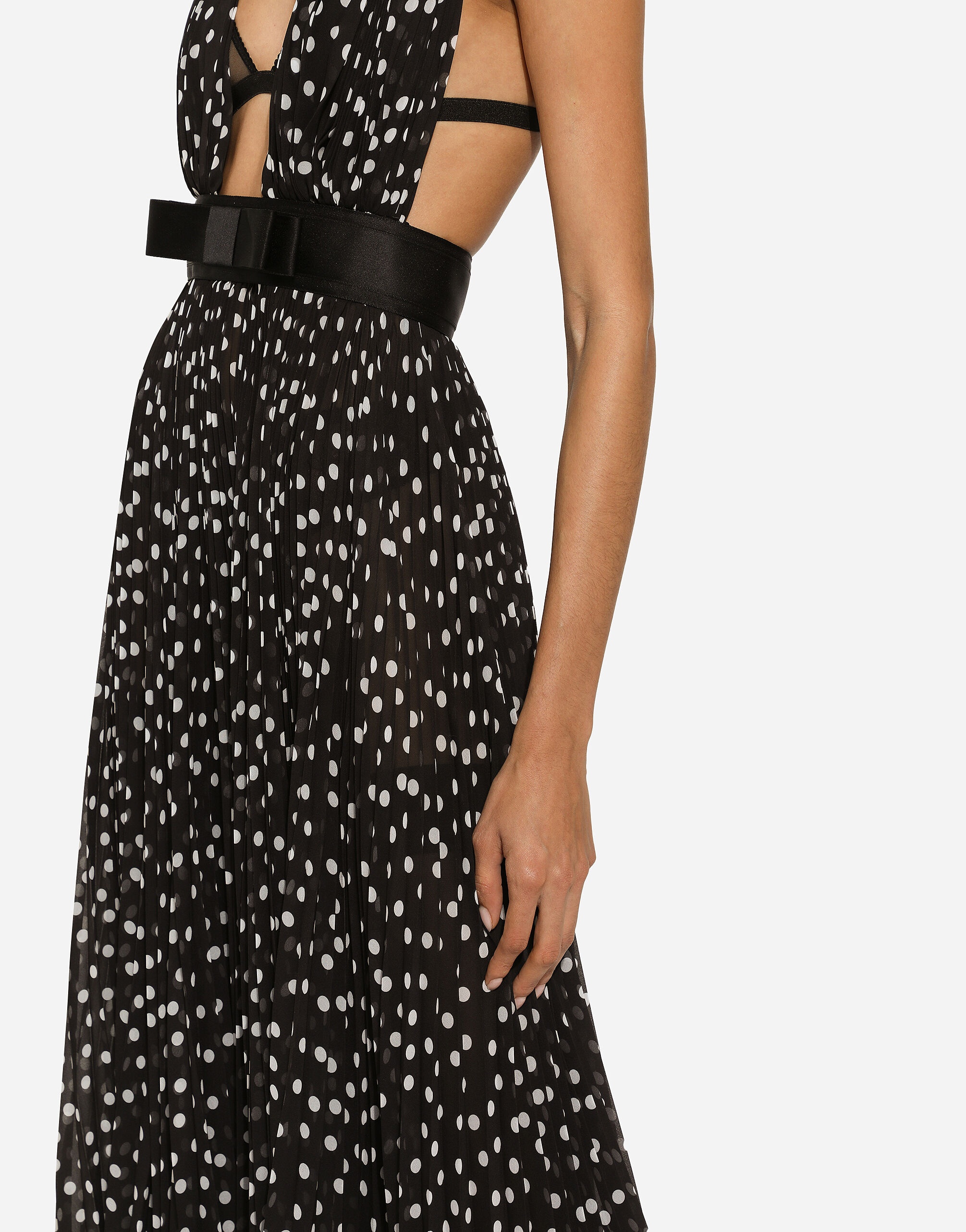 Chiffon calf-length dress with plunging neckline and polka-dot print - 8