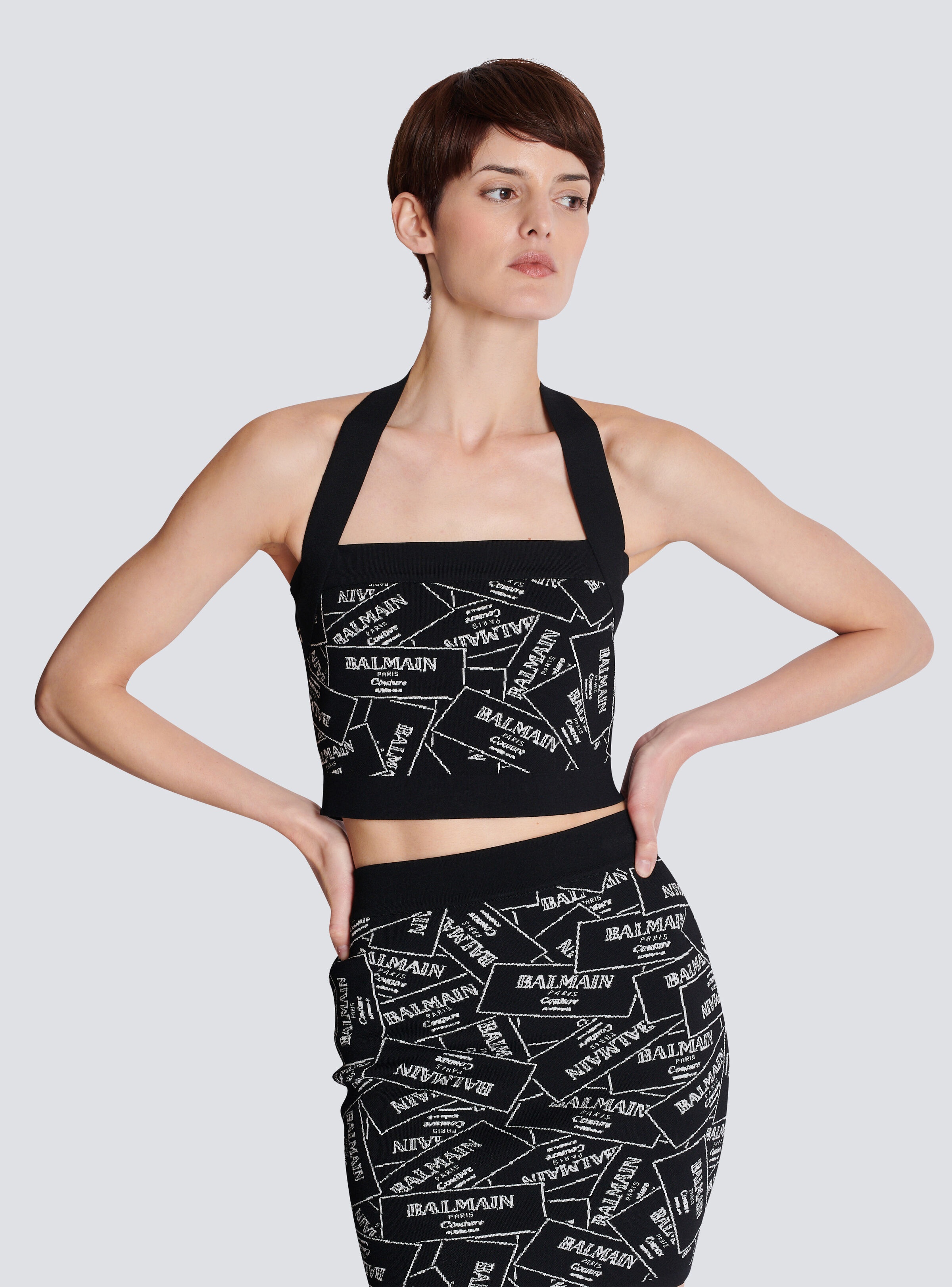 Knit halterneck top with Balmain label motif - 6