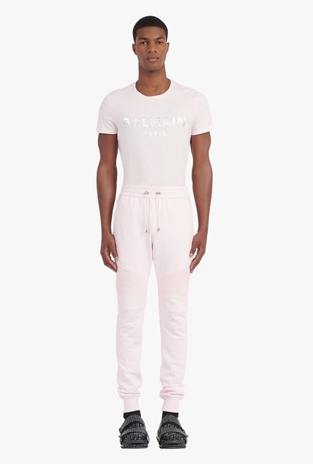 Pale pink eco-designed cotton sweatpants with silver-tone Balmain logo print - 4