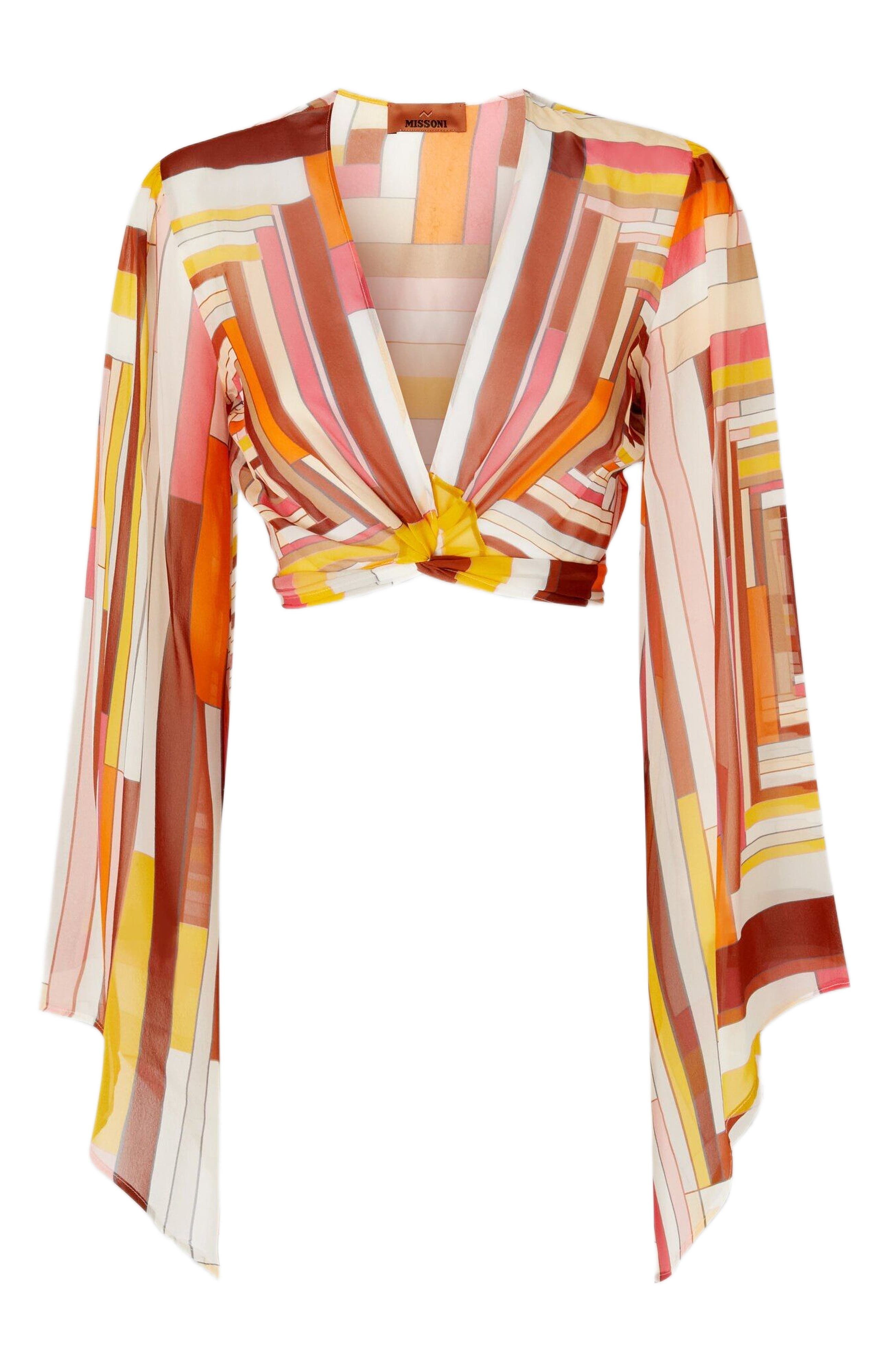 Missoni Printed Silk Crop Top With Wide Sleeves And Front Knot in Multicoloured at Nordstrom - 2