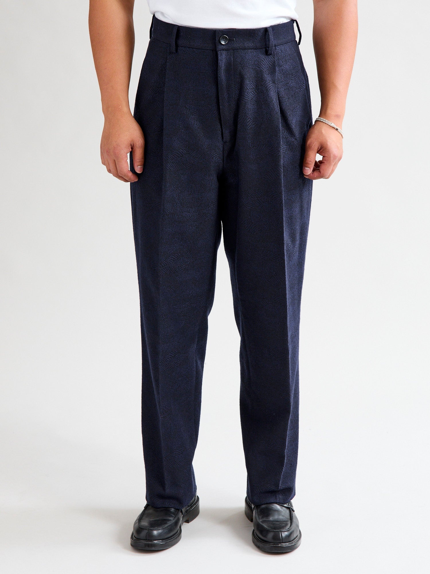 Wind Flow Jacquard Tucked Trousers in Dark Navy - 2