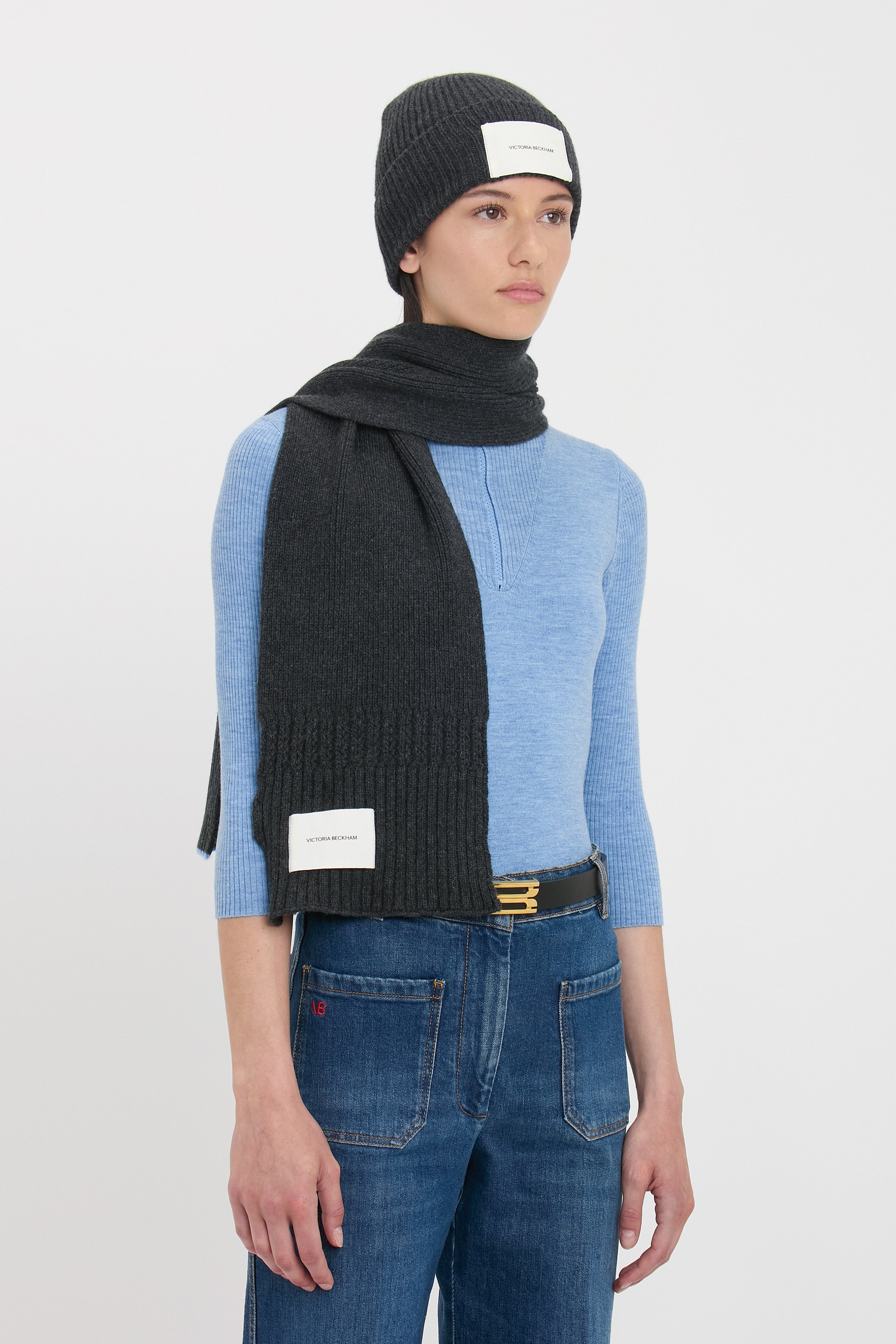 Logo Patch Beanie In Charcoal-Light Blue - 5