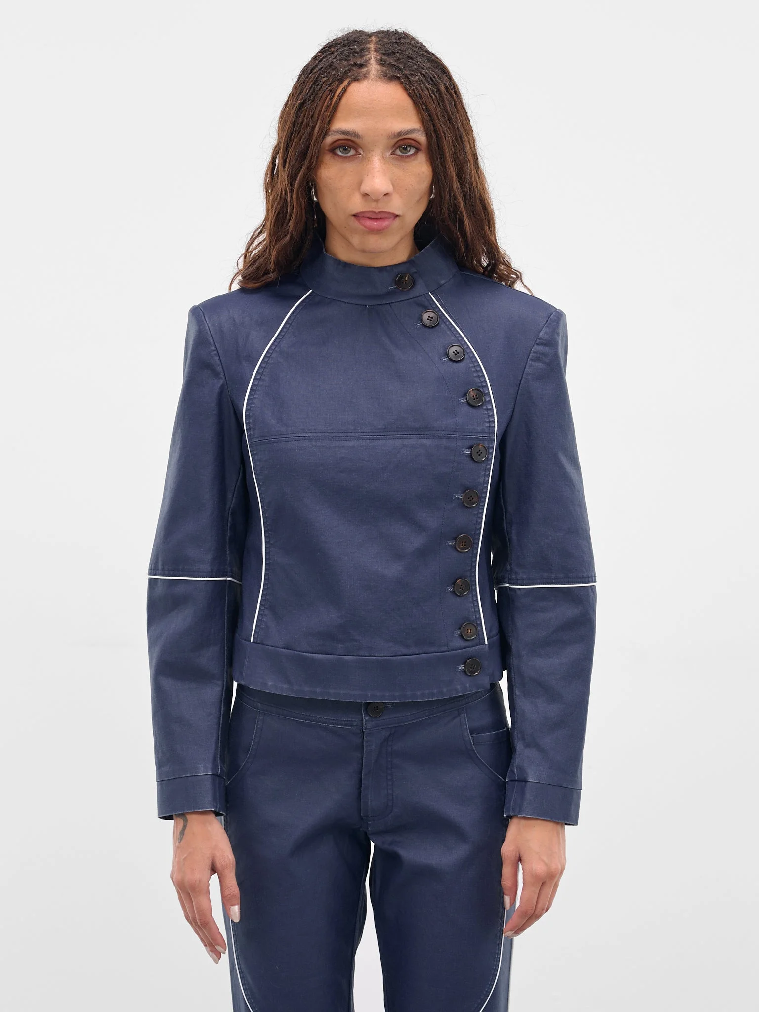 Blue Cotton Canvas Button Jacket - 1