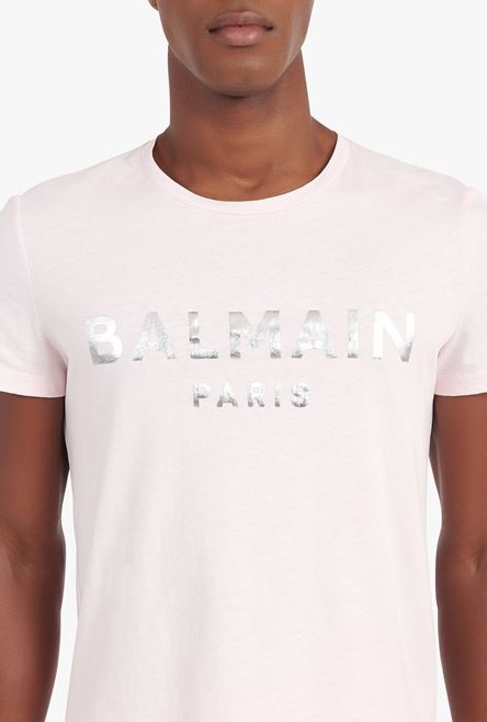 Pale pink eco-designed cotton T-shirt with silver Balmain Paris logo print - 7