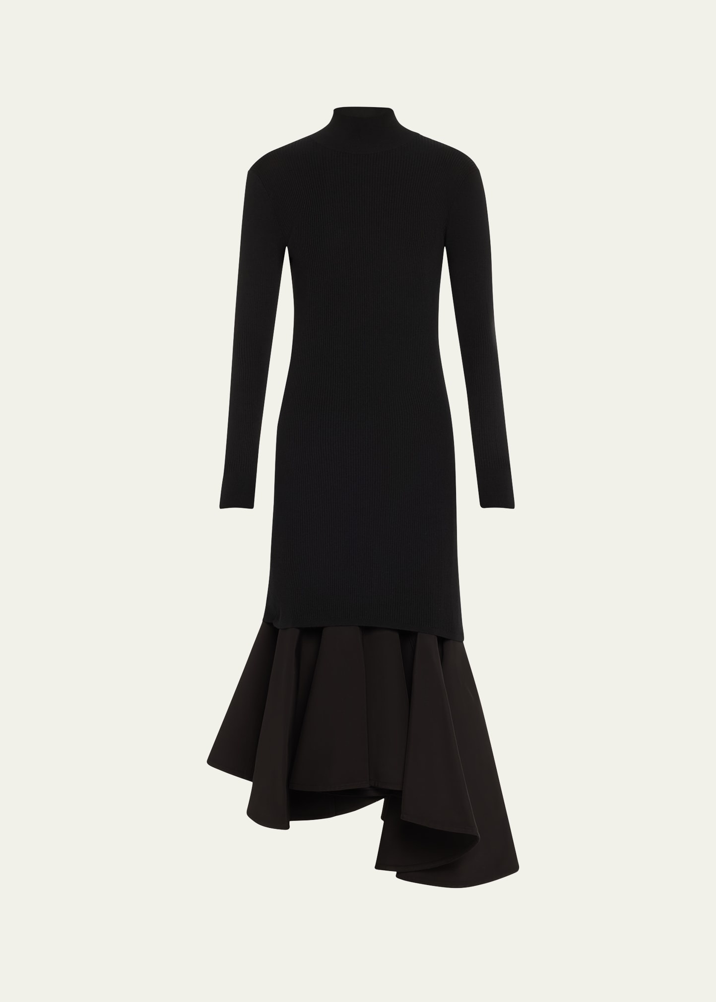 Asymmetric Mixed-Media Turtleneck Midi Dress - 1