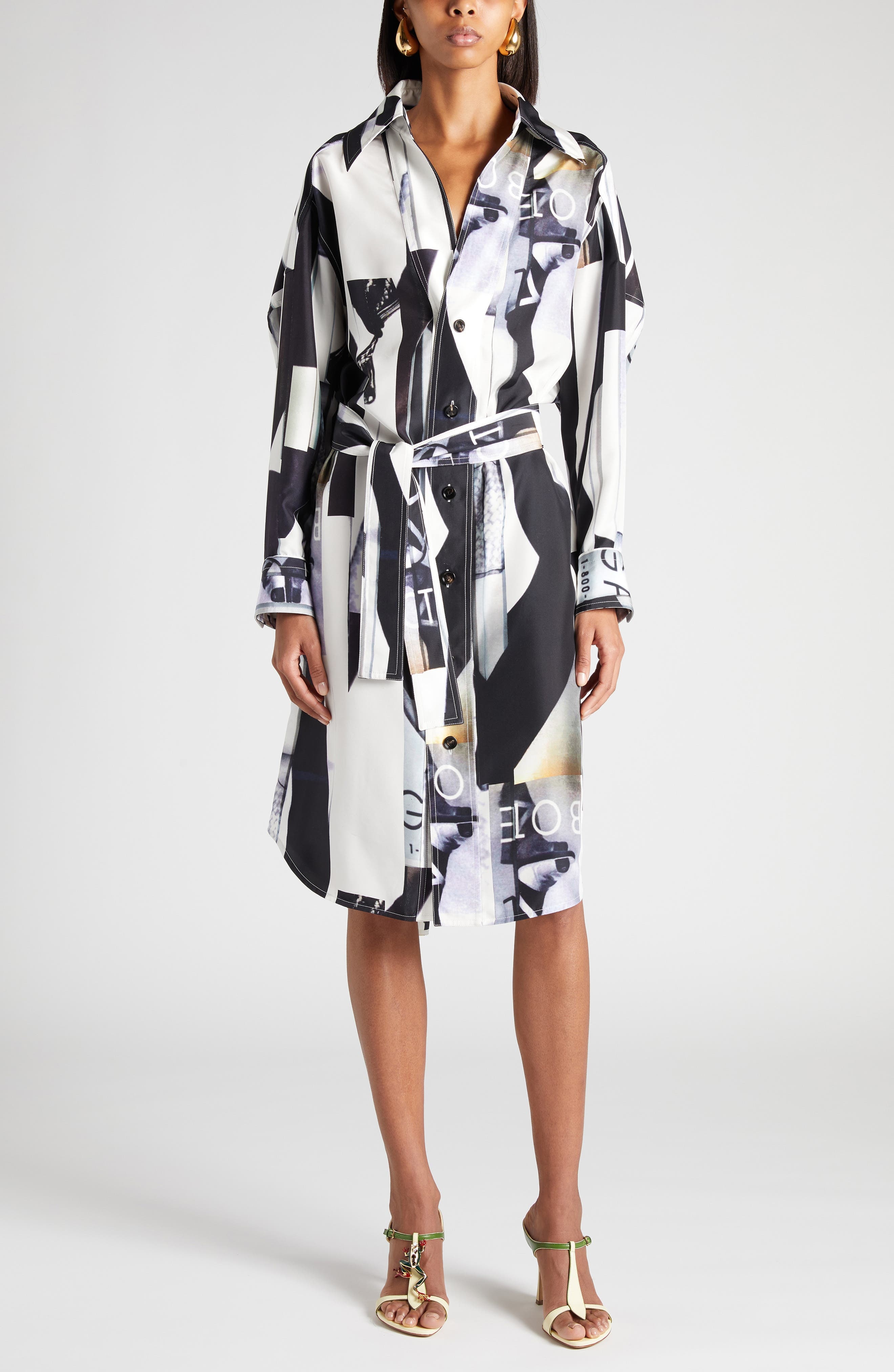 Bottega Veneta Print Long Sleeve Silk Shirtdress in 9060 Chalk/Black at Nordstrom - 1