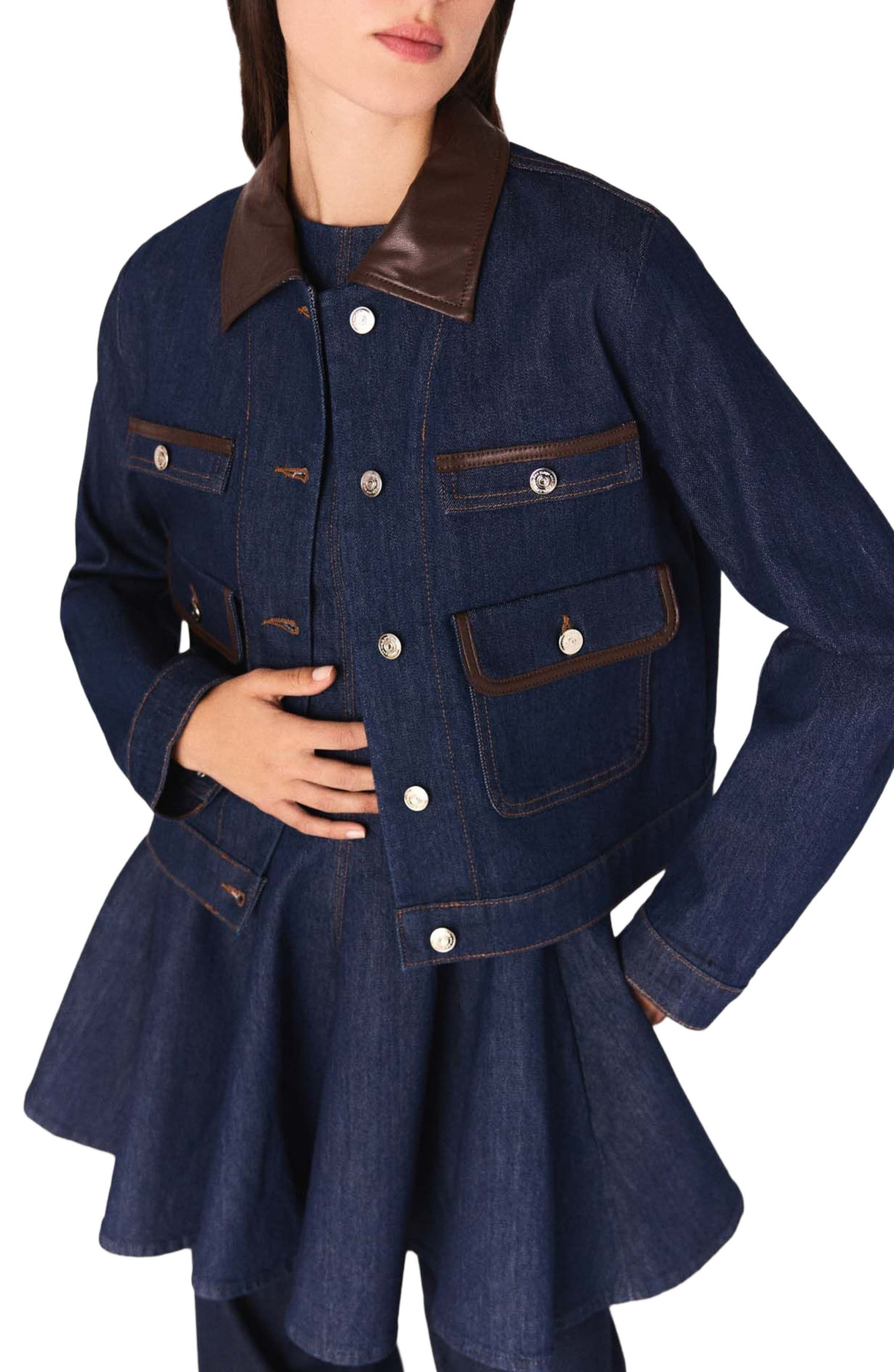 maje Denim jacket with faux leather in Navy at Nordstrom - 6