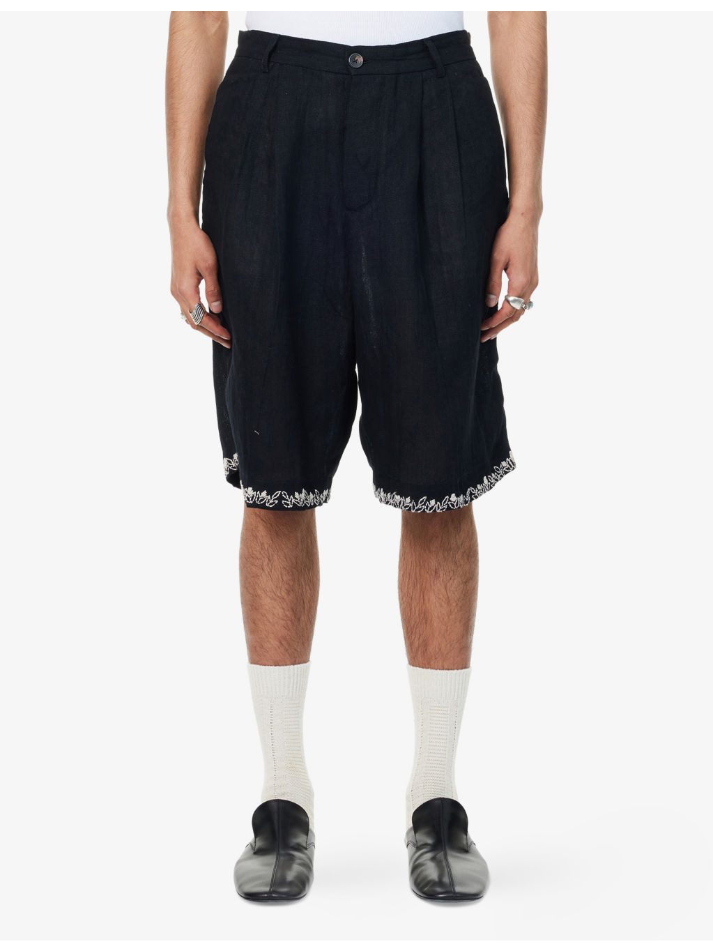 Embroidered Pleated Linen Shorts - 3