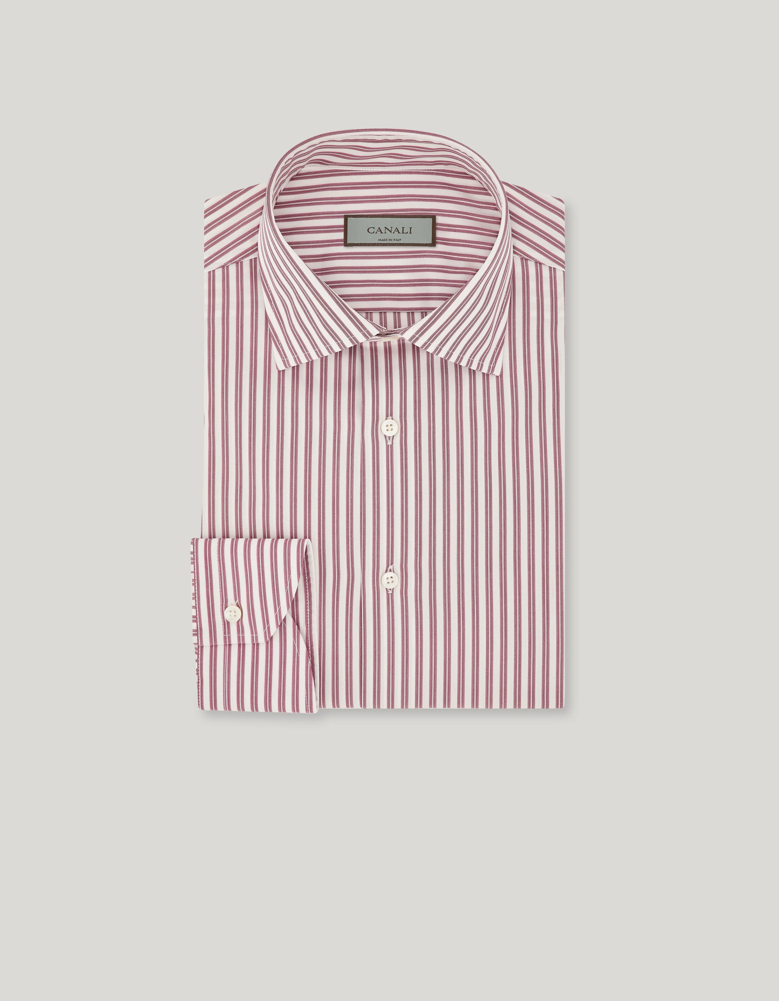 WHITE AND BURGUNDY COTTON DOUBLE-STRIPED REGULAR-FIT SHIRT - 1