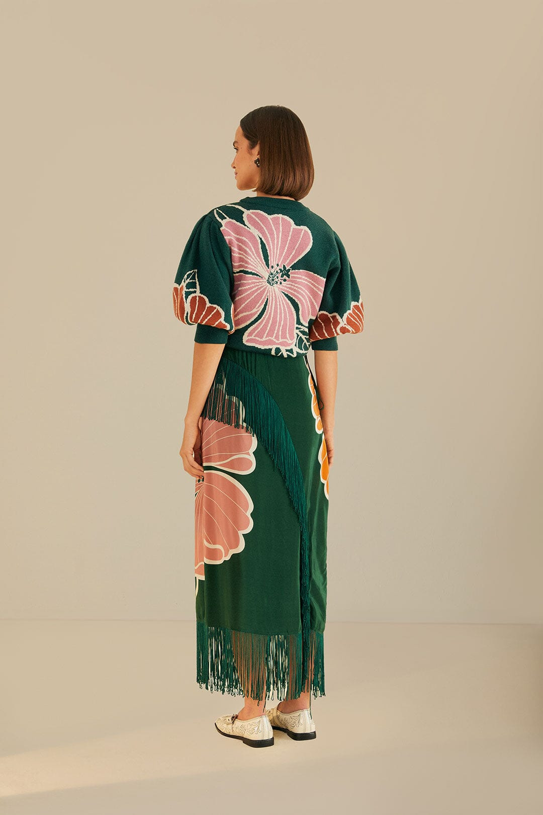 Green Honolulu Flowers Fringe Maxi Skirt - 4
