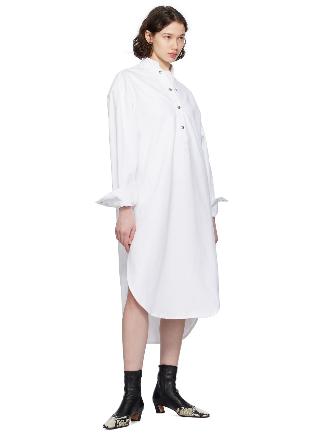 White Press-Stud Denim Midi Dress - 4