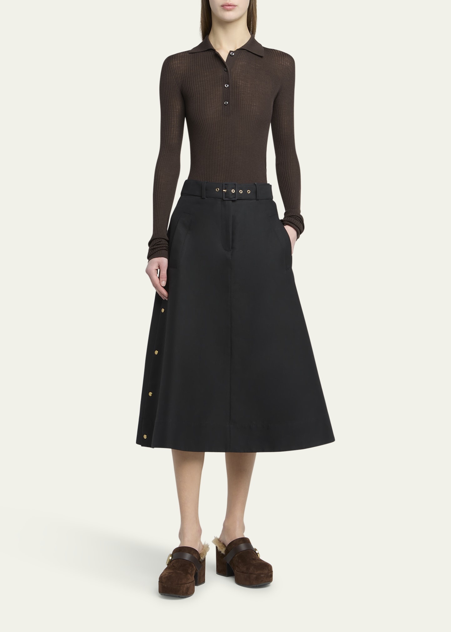 Long-Sleeve Fine Rib Polo Top - 2
