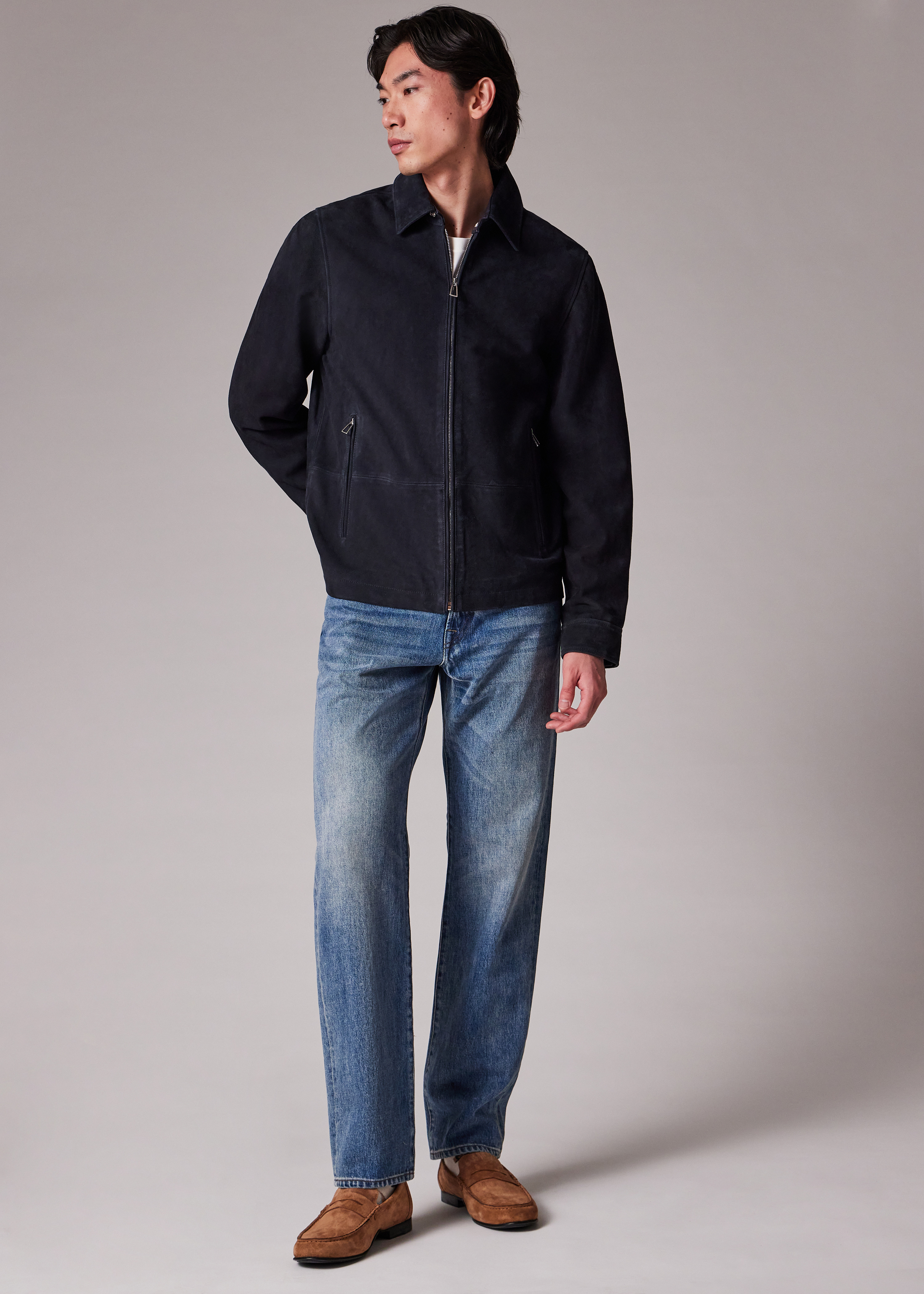 Navy Suede Zip-Front Jacket - 6