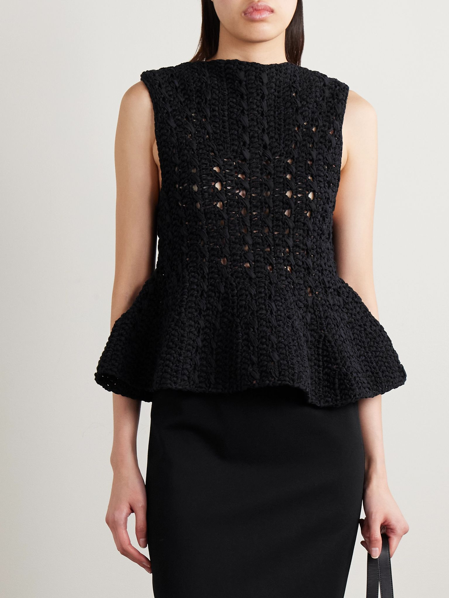 Yuka open-knit cotton-blend peplum tank Black - 3