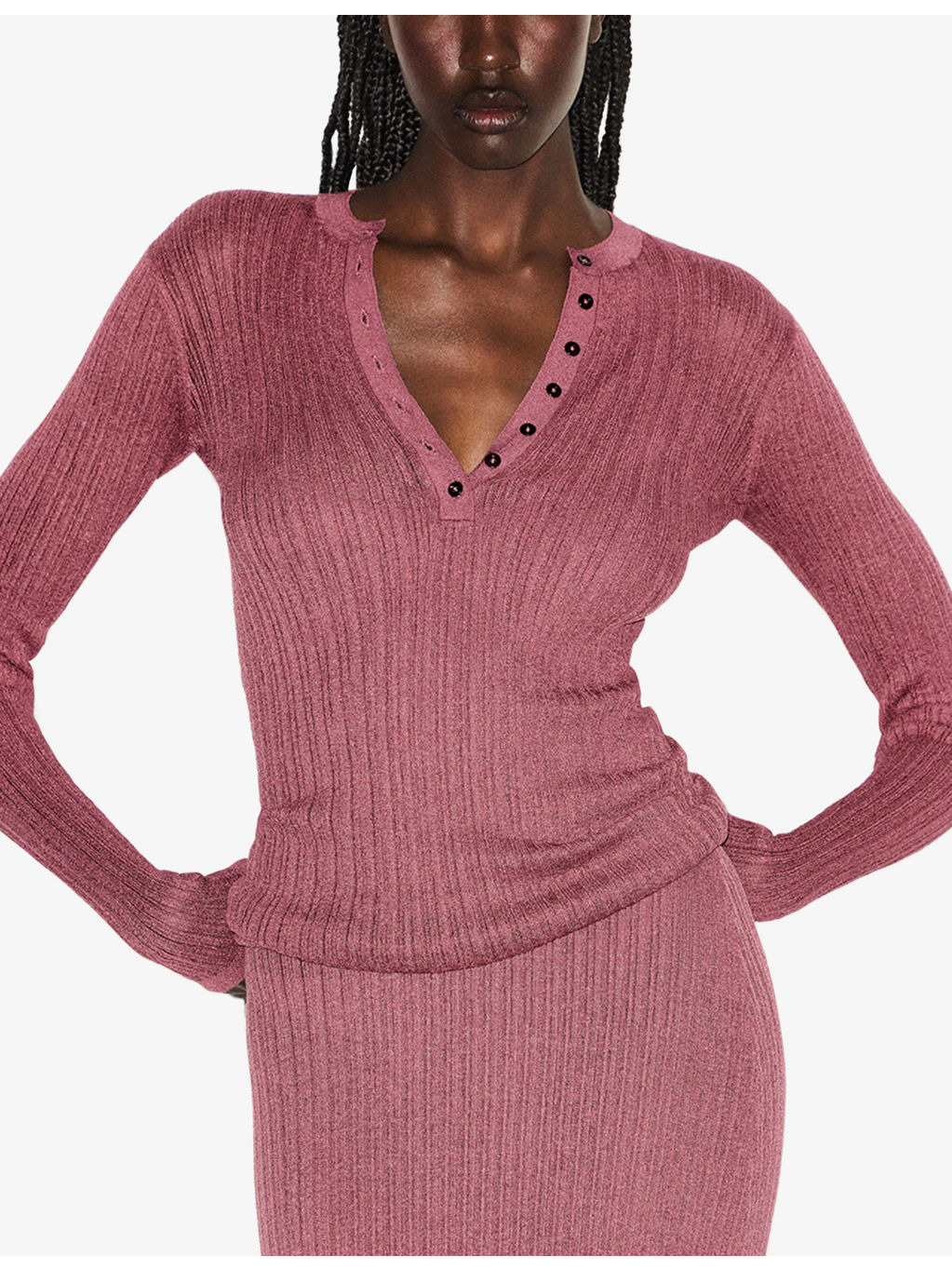 Long-Sleeve Sheer Knit Henley Top - 3