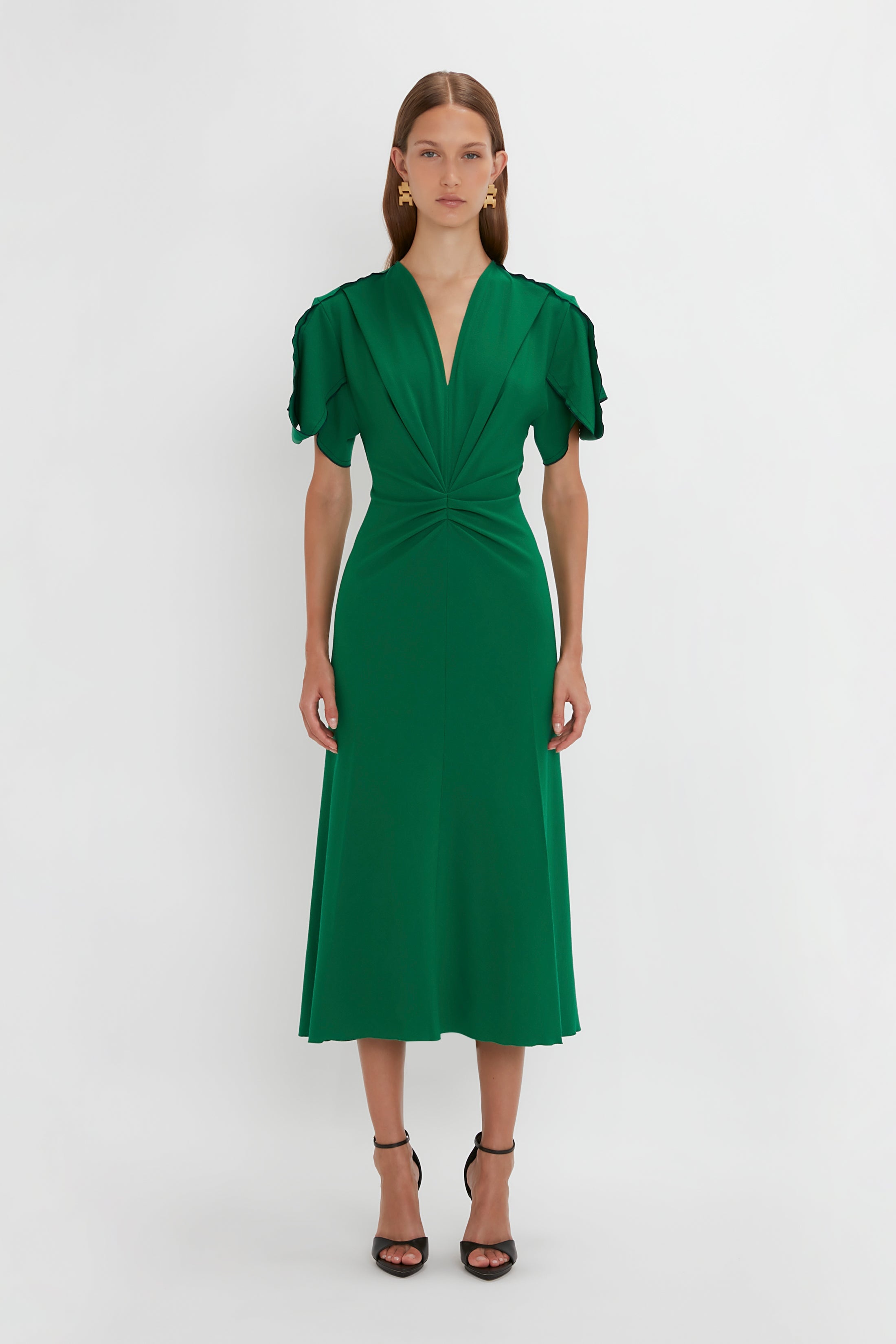 Gathered V-Neck Midi Dress in Emerald - 2