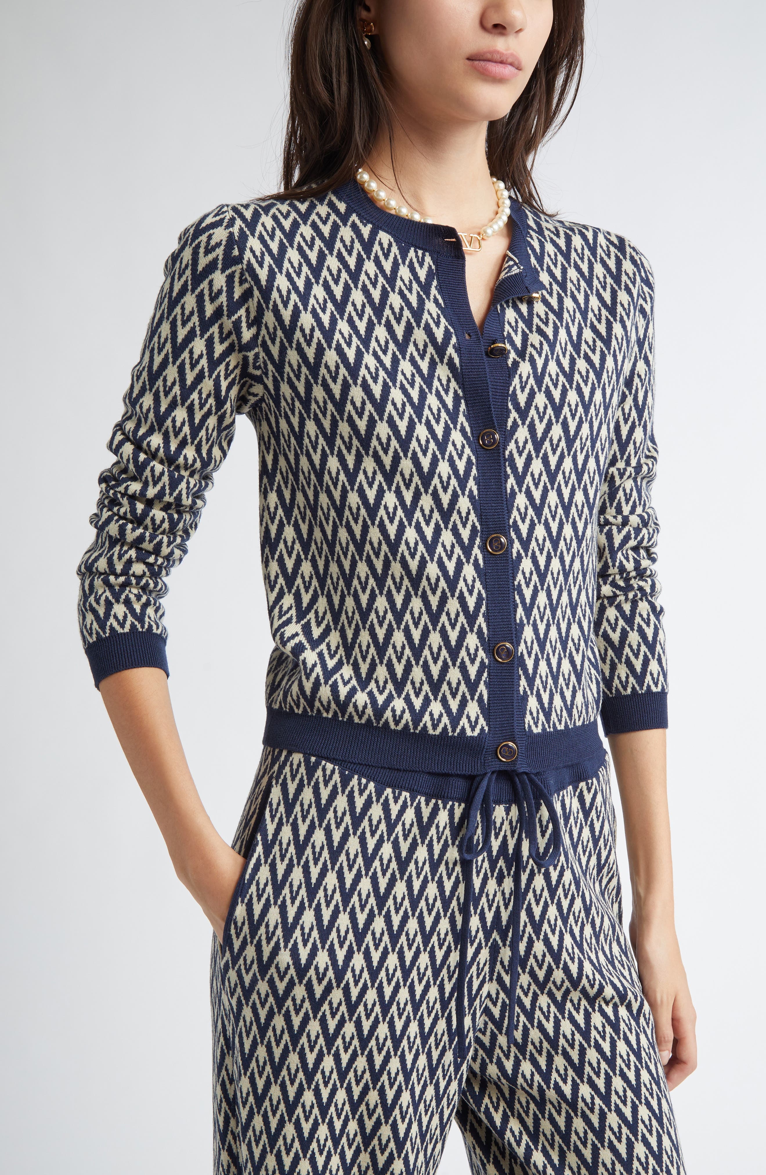 Valentino Garavani Toute La V Jacquard Virgin Wool Cardigan in Navy/Cream at Nordstrom - 5