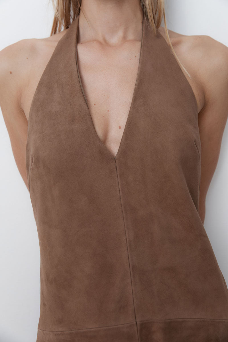 Suede Halter Plunge Dress - Toffee - 7