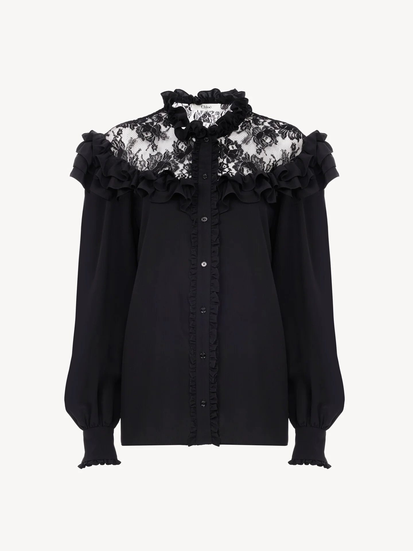 HIGH-NECK RUFFLED BLOUSE IN CRÊPE DE CHINE & LACE - 1