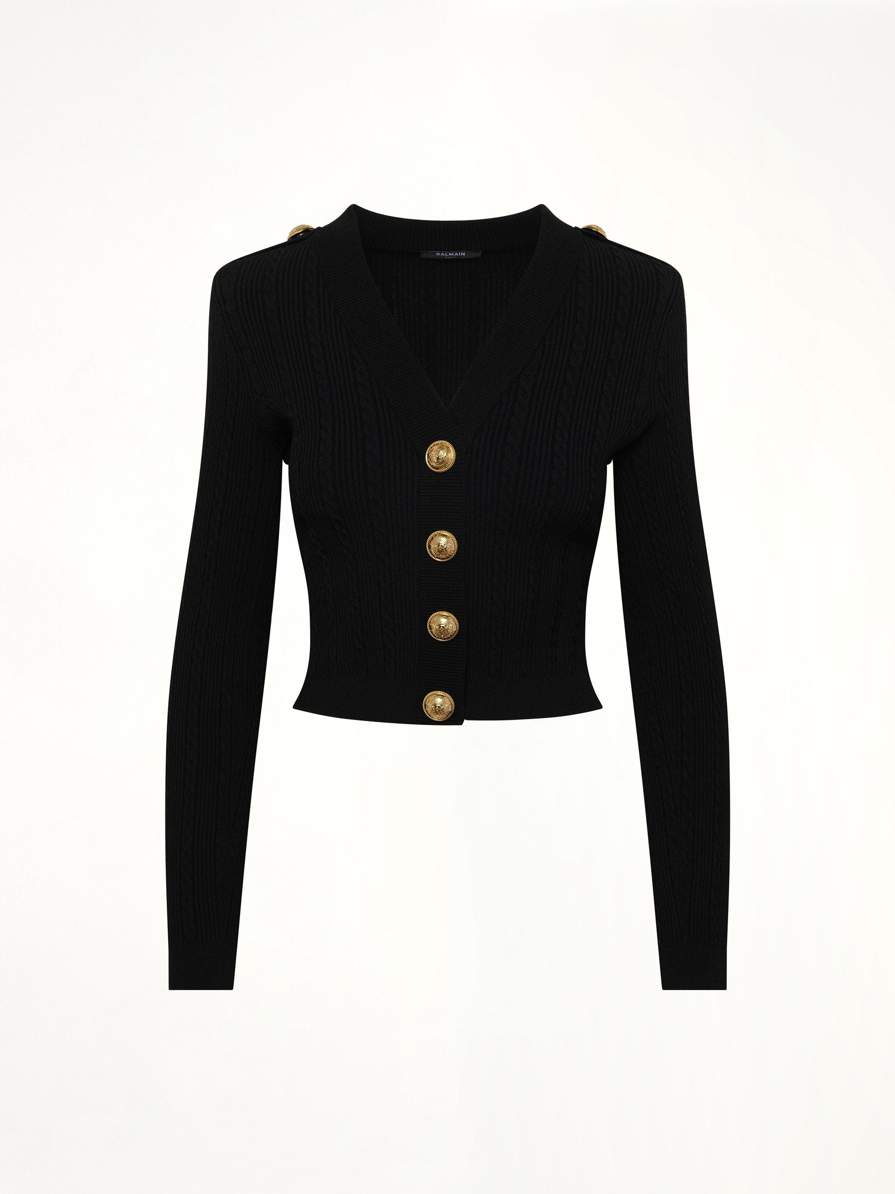LS Buttoned V-Neck Torsade Knit Cardigan in Black - 2