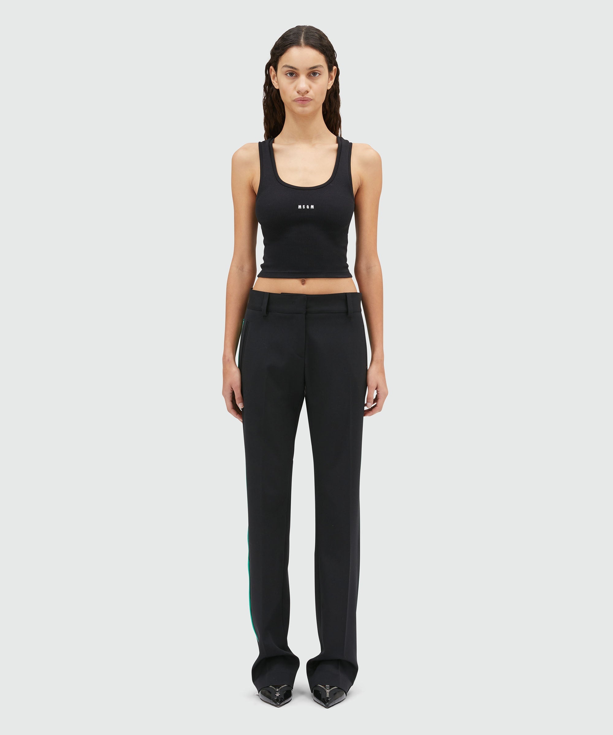 Black blended wool pants with green zippers - 2