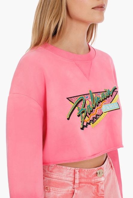 Cropped pink cotton sweatshirt with embroidered Balmain logo - 6