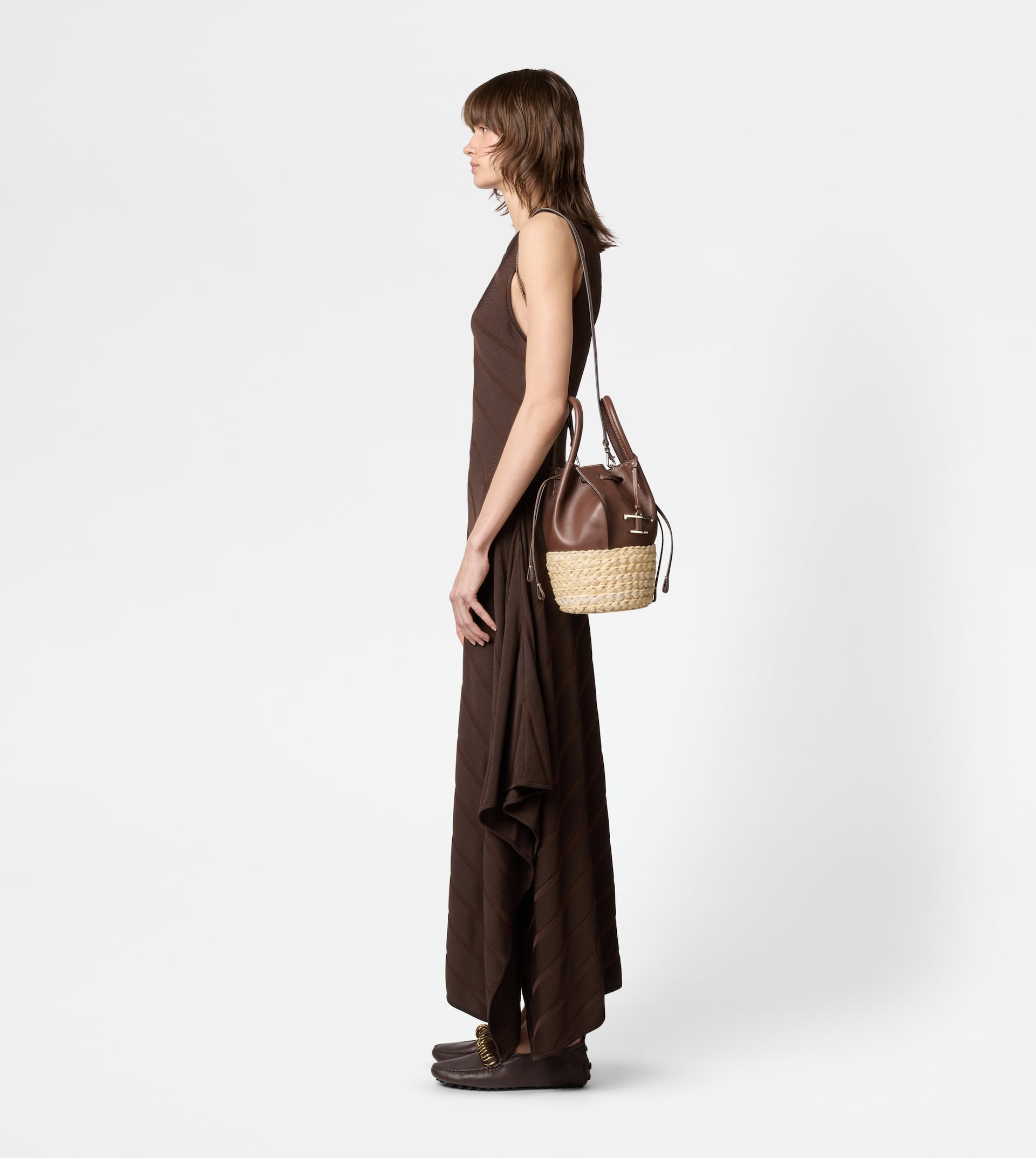 BUCKET BAG IN STRAW AND LEATHER MINI - BROWN, NATURAL - 8