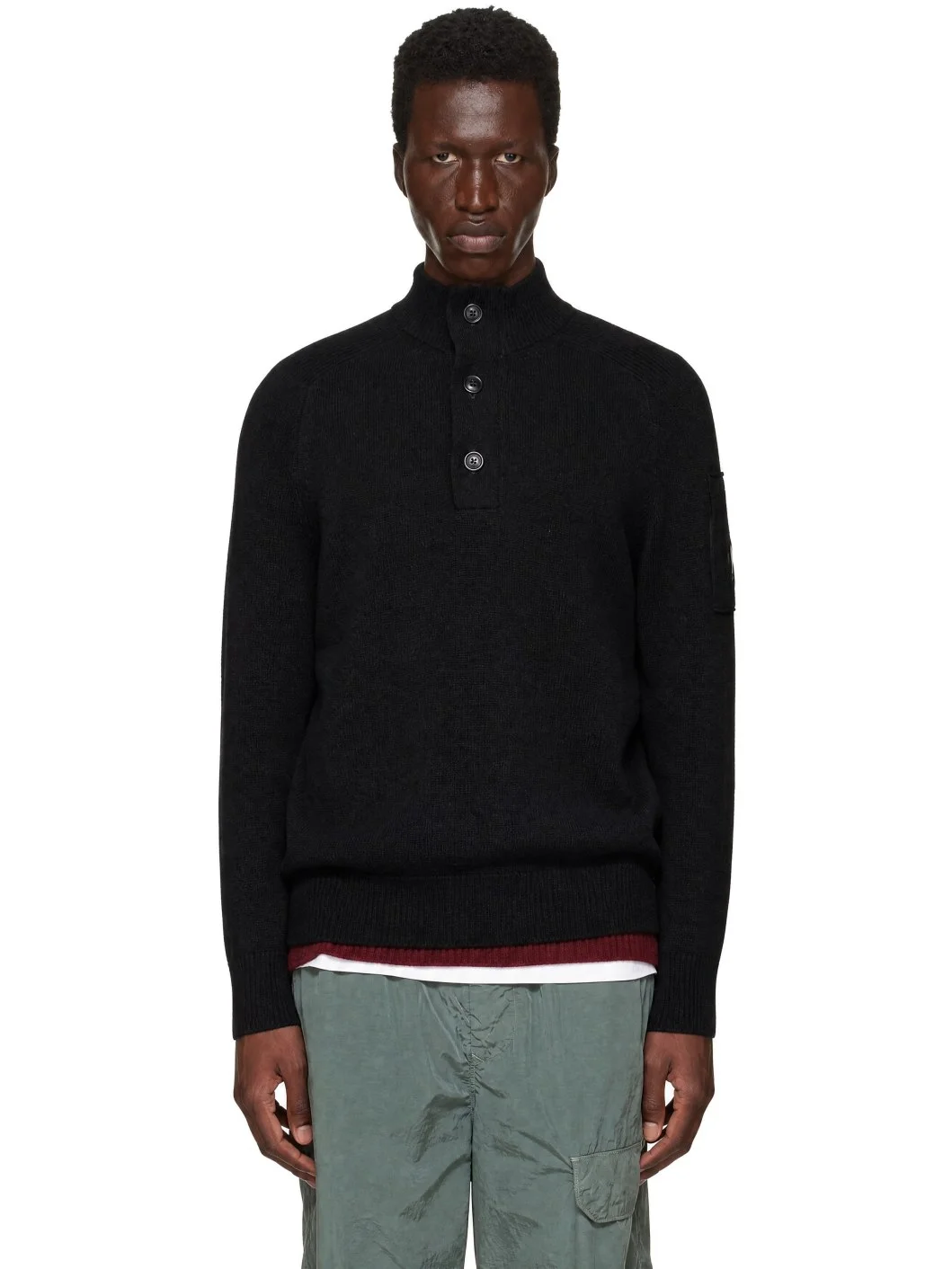 Black Lambswool GRS Half Button Sweater - 1