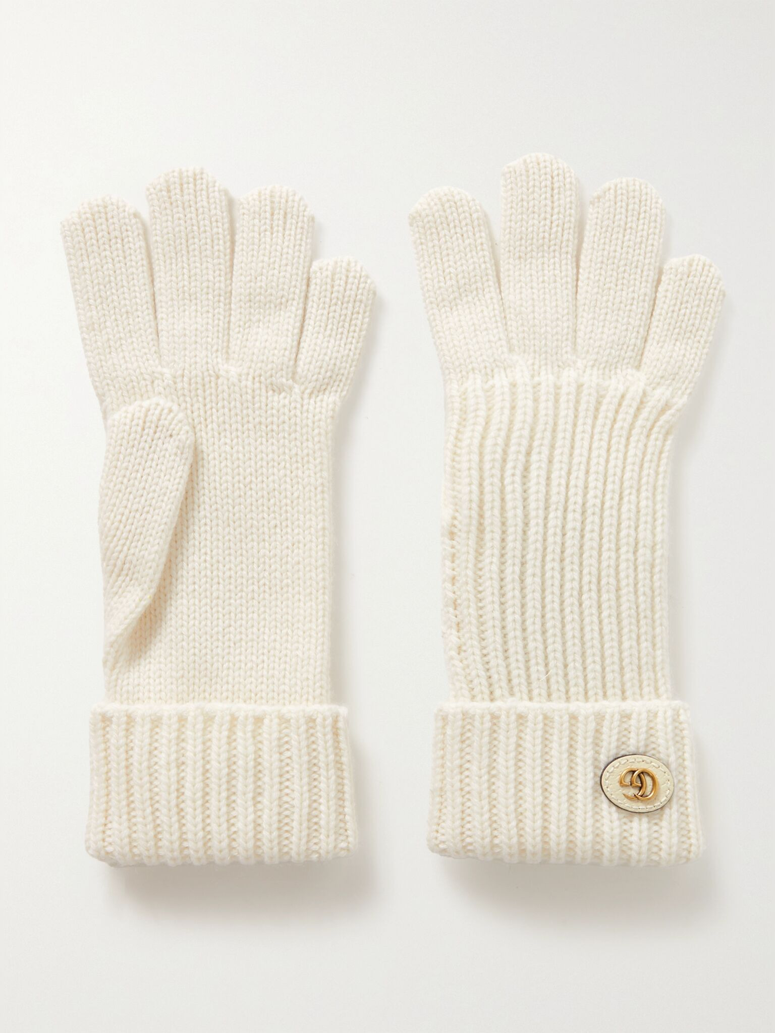 Embellished leather-trimmed wool and cashmere-blend gloves Ivory - 1
