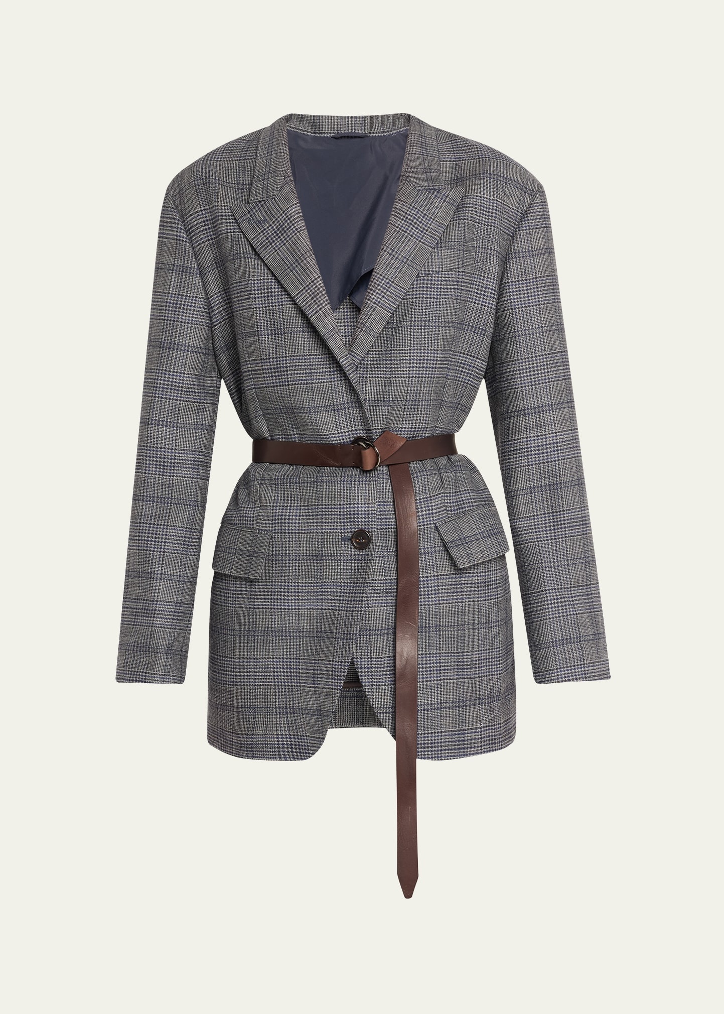 Belted Wool Prince Of Wales Single-Breasted Blazer Jacket - 1
