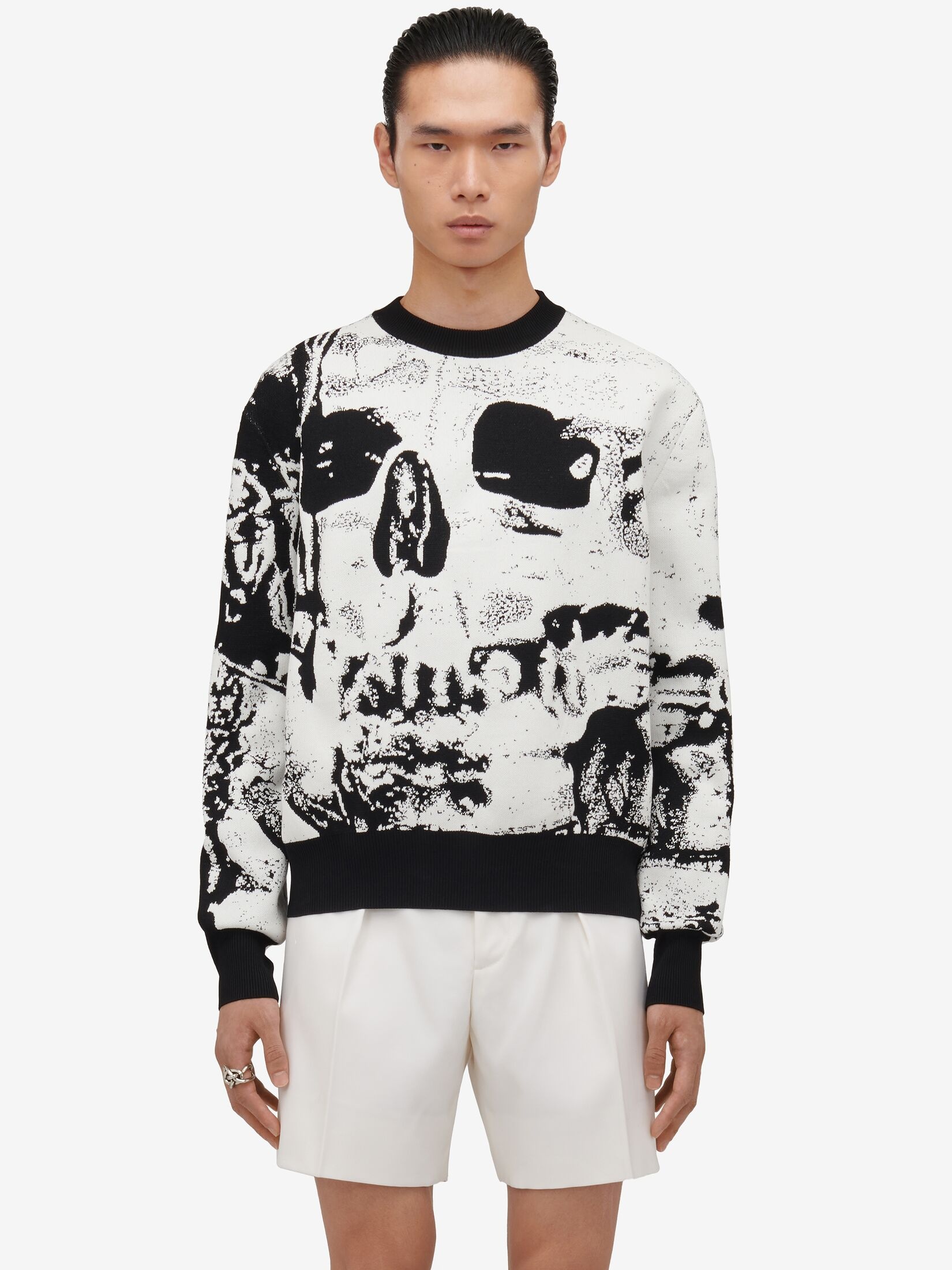 Men's Fold Skull Jacquard Jumper in Ivory/black - 5