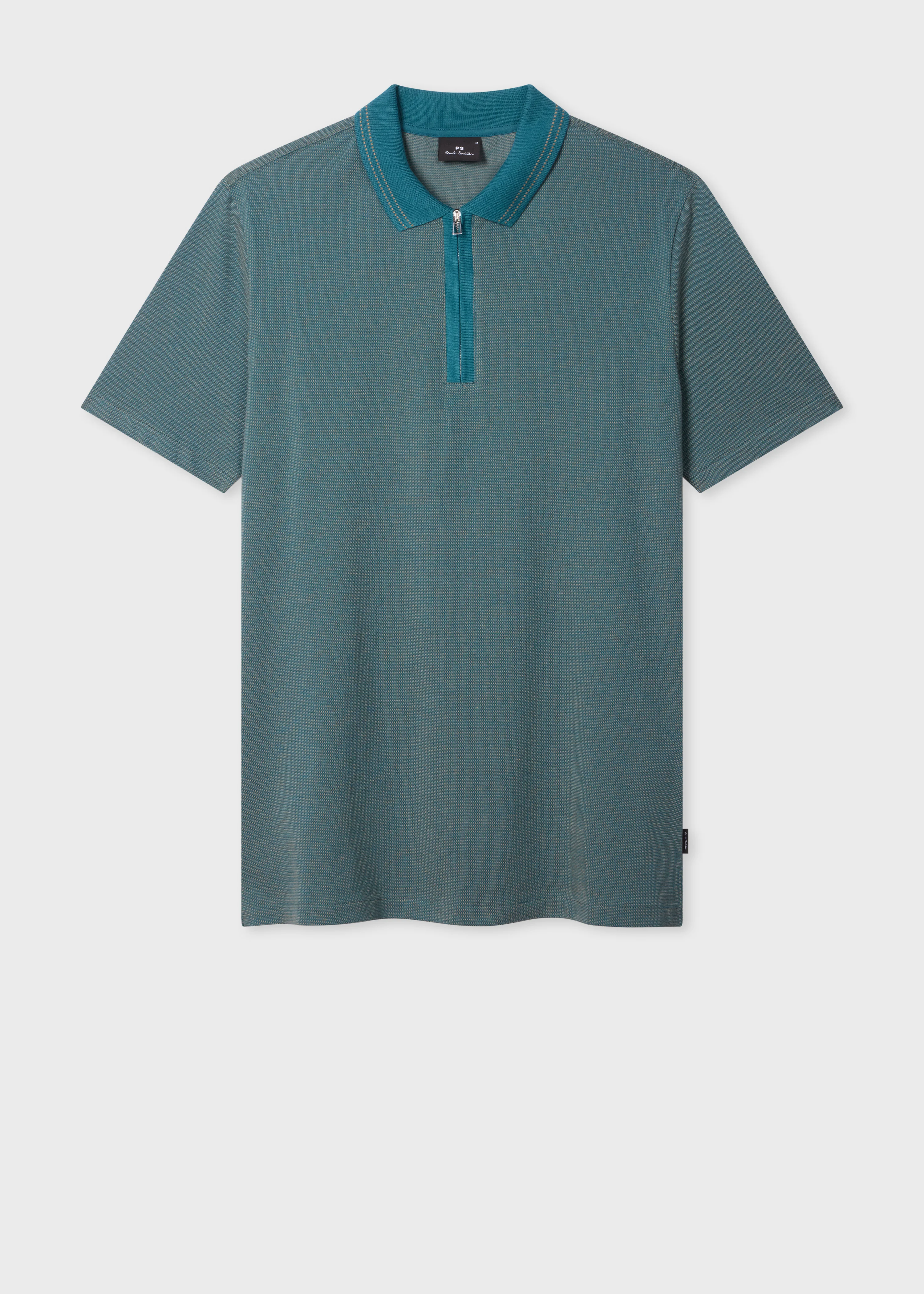 Teal Cotton Jacquard Zip-Neck Polo Shirt - 1