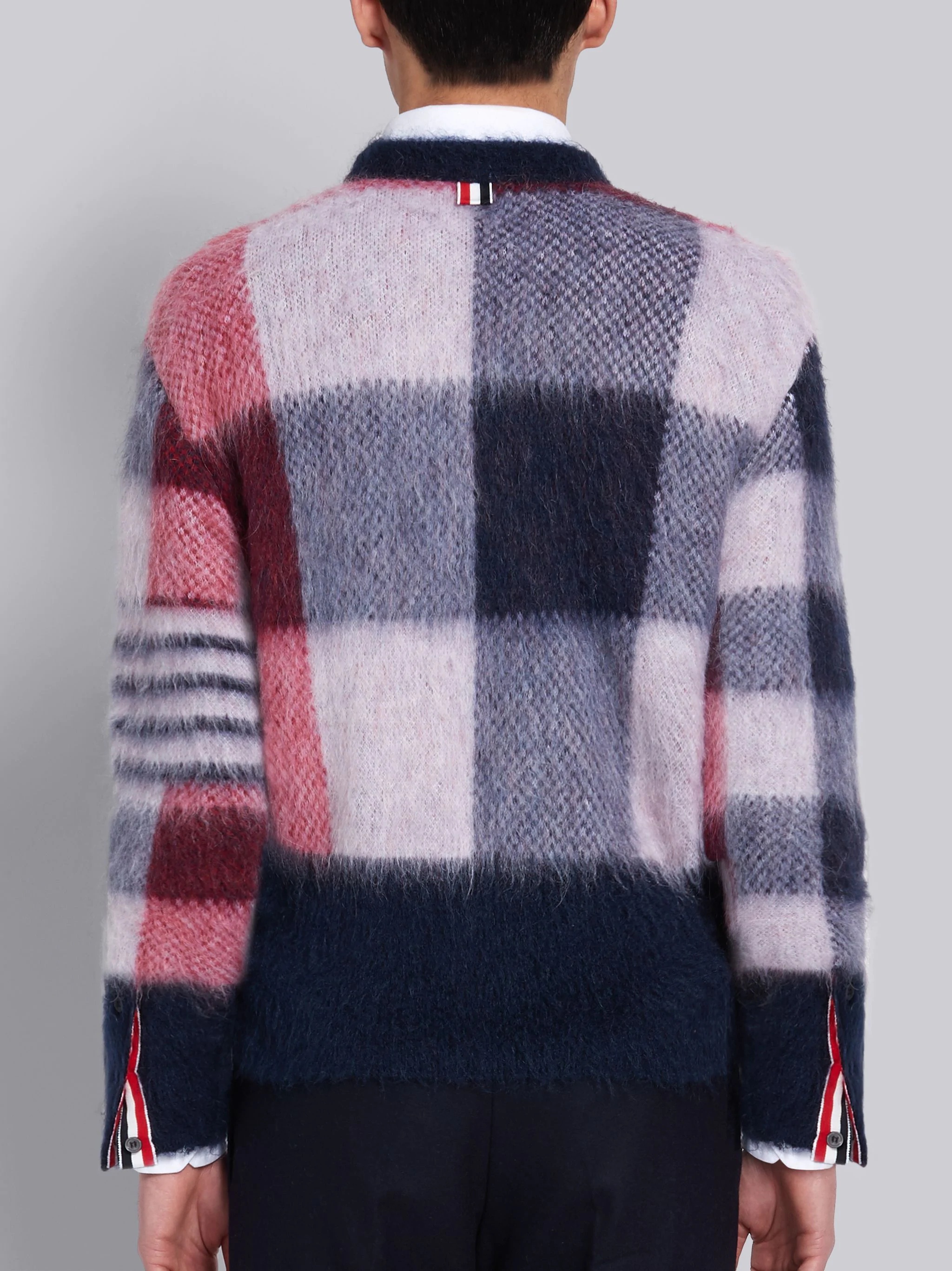 Tricolor Buffalo Check Funmix Super Kid Mohair Crew Neck 4-Bar Pullover - 3