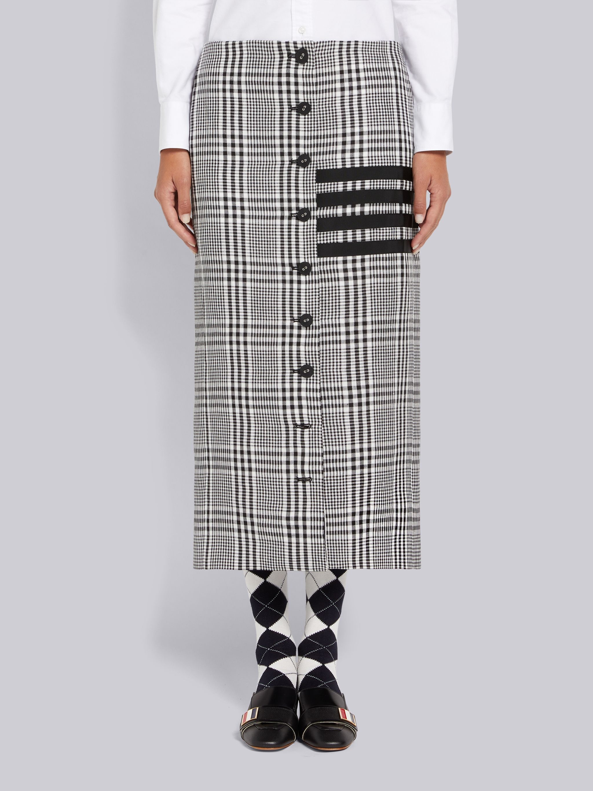 Black and White Gingham Crispy Linen 4-Bar Low Rise Button Front Ankle Length Cardigan Skirt - 1