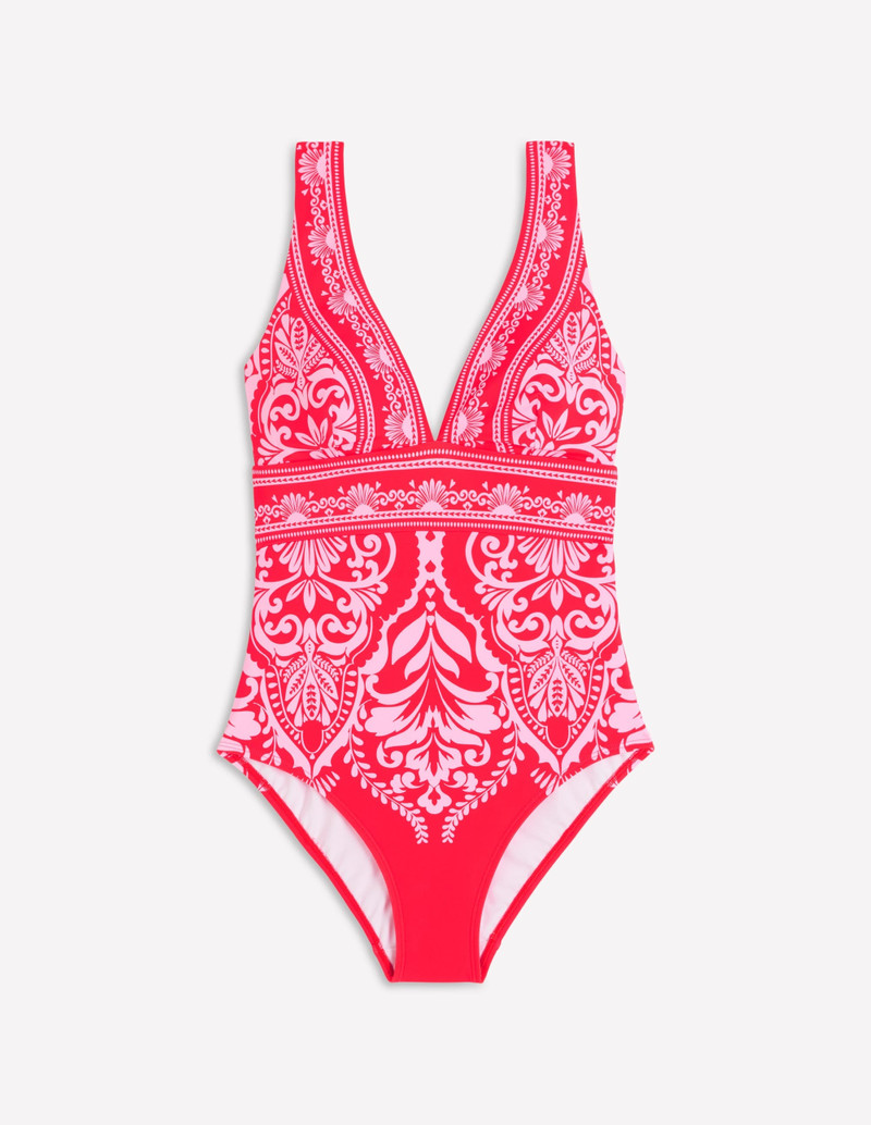 Porto V-neck Swimsuit-Poppy Red, Ornamental Garden - 1