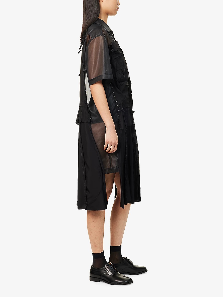 Mesh-Panels Short-Sleeves Woven Midi Dress - 3