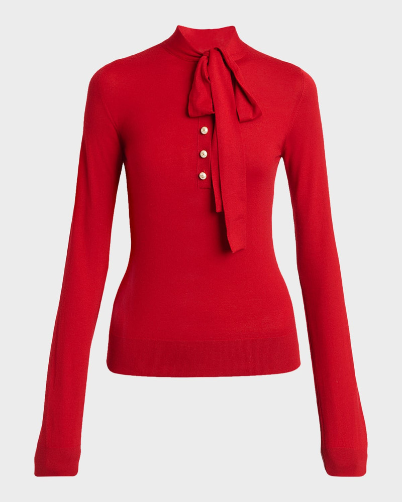 Bow Long-Sleeve Buttoned Knit Top 1